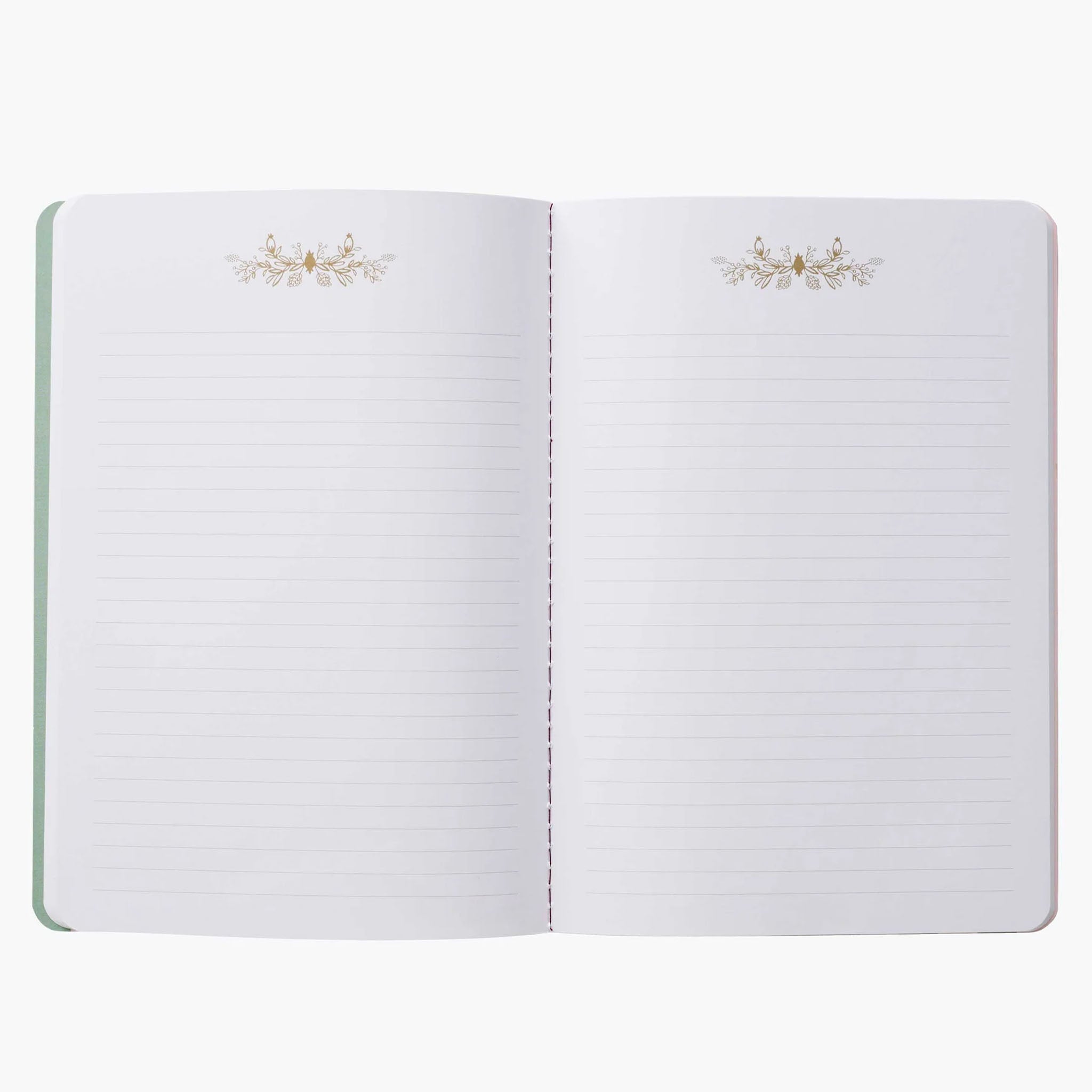 A set of three notebooks with a floral pattern on the covers, gold foil accents, and a white label with black text on the front.