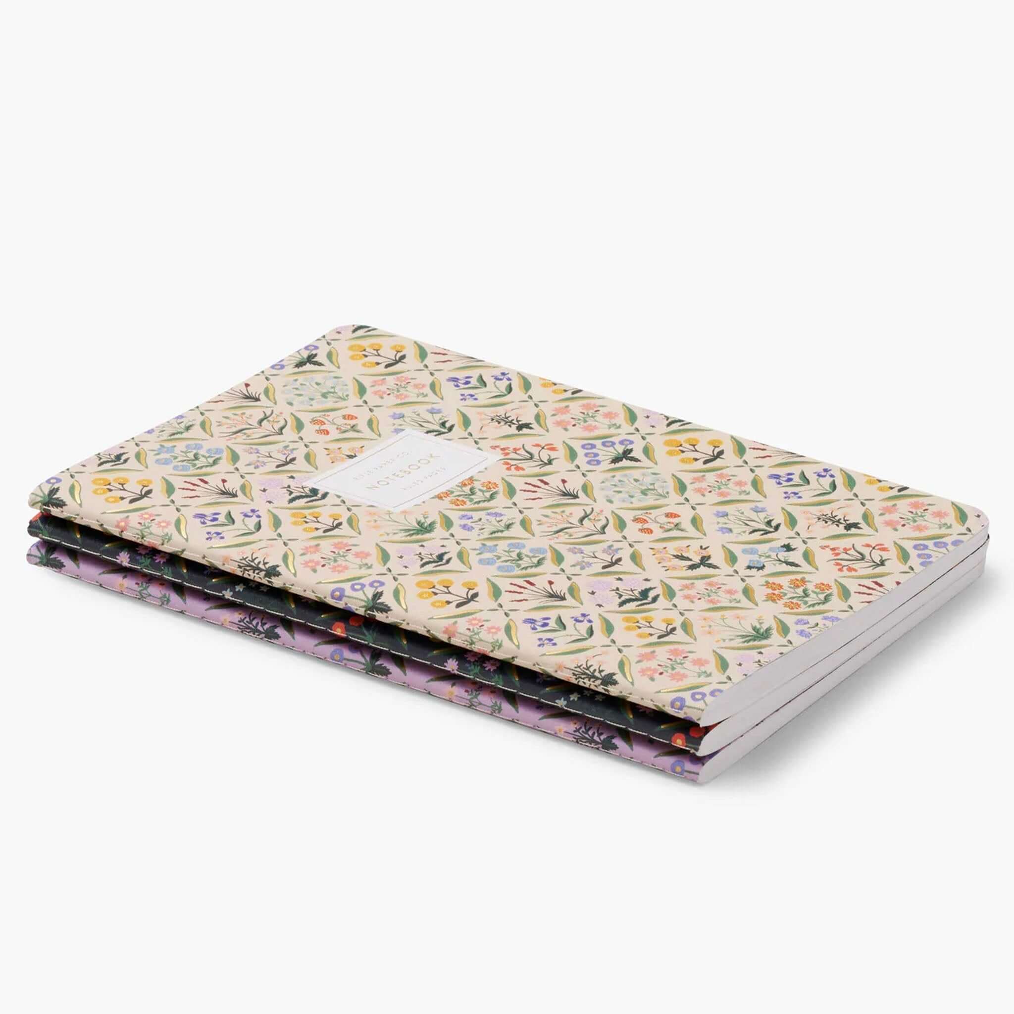 Alt Tag: Rifle Paper Stitched Notebook Set - Estee floral stitched notebooks with gold foil accents, lay-flat binding