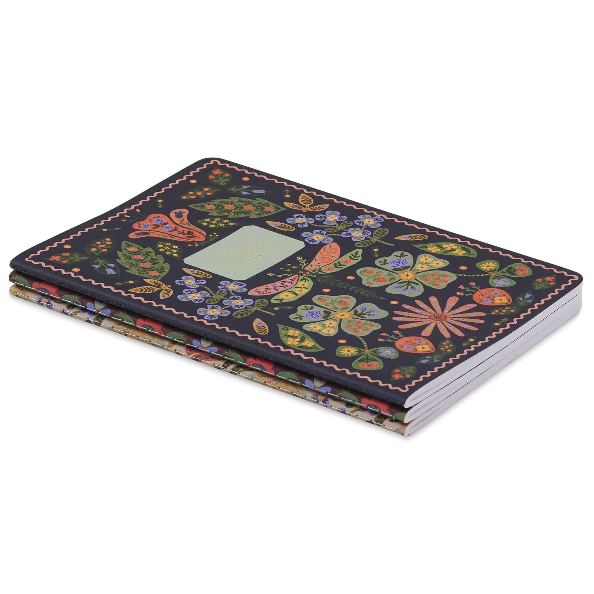Alt Tag: Rifle Paper Stitched Notebook Set - Posy stitched notebook with floral cover and gold foil accents, lays flat for writing