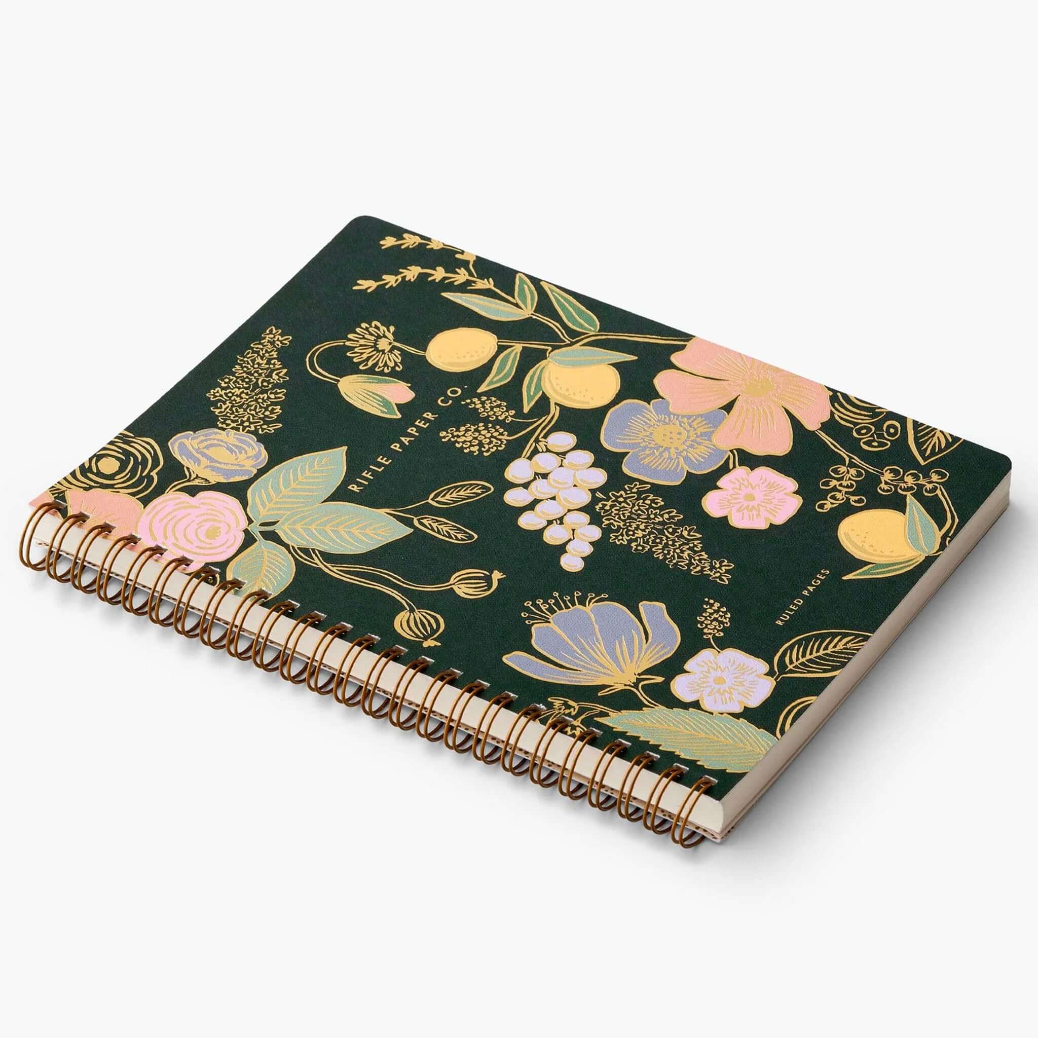 Alt Tag: Rifle Paper US Spiral Notebook - Colette softcover spiral notebook with gold foil floral cover, 150 ruled pages, double-spiral binding