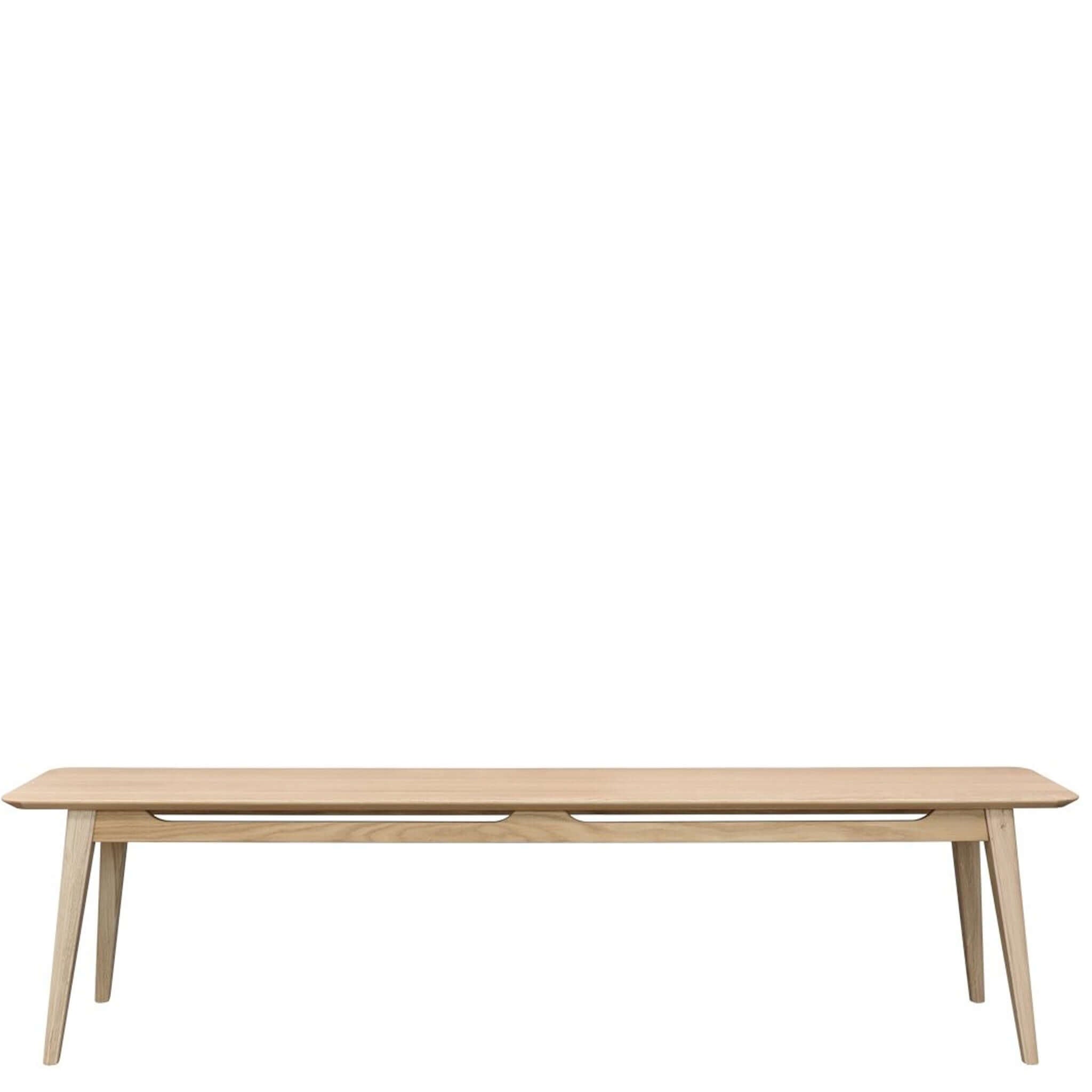 Alt Tag: Rokke Solid Oak Coffee Table / Bench in solid oak, Scandinavian modern bench with curved edges and smooth finish