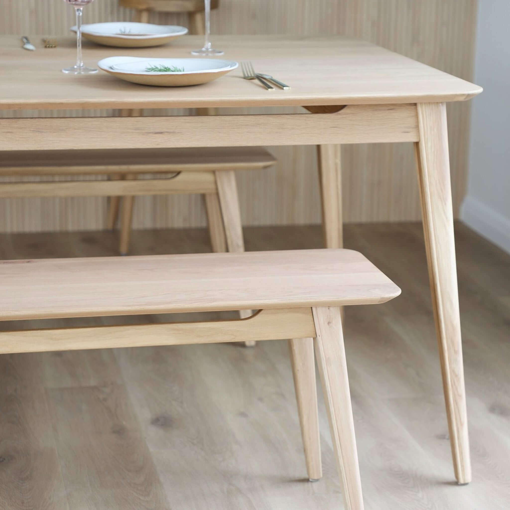 Alt Tag: Rokke Solid Oak Coffee Table / Bench in solid oak, Scandinavian-style table and bench set with smooth finish and gentle curves