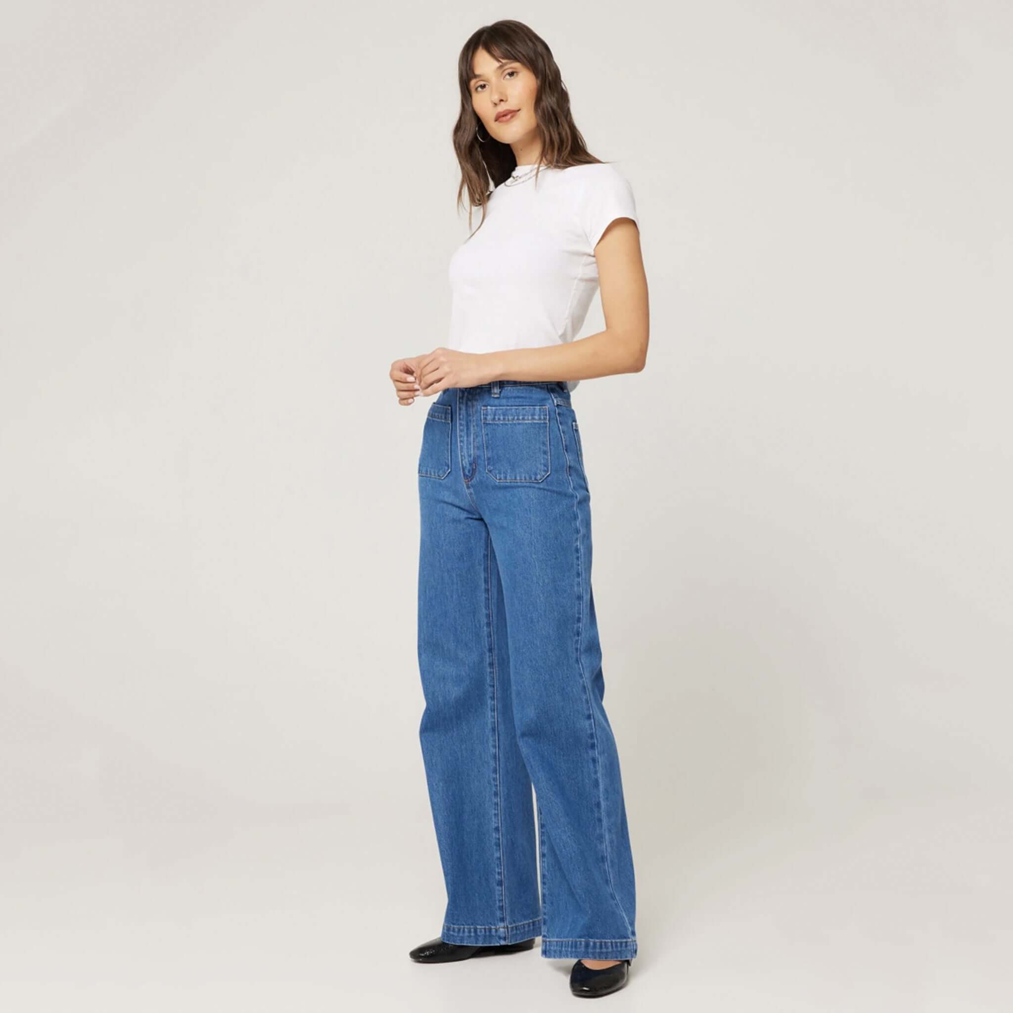 Alt Tag: Rolla's Sailor Jeans Long - Ashley Blue super high-rise wide-leg rigid denim jeans on model, front view