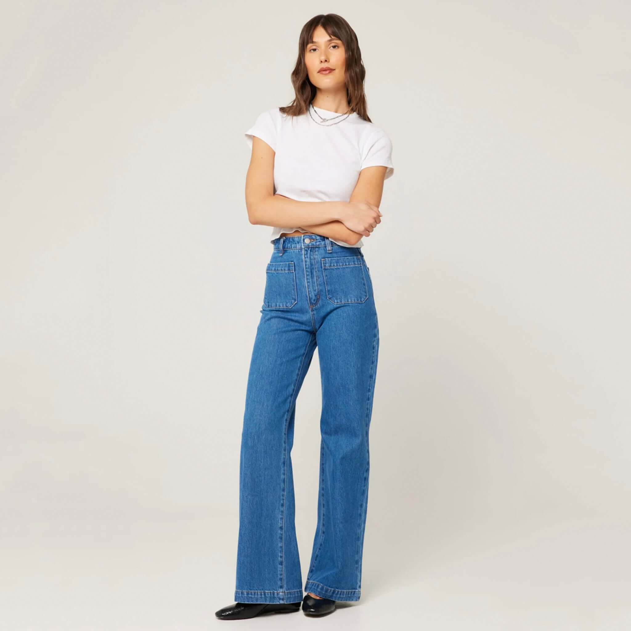 Alt Tag: Rolla's Sailor Jeans Long - Ashley Blue super high-rise wide-leg rigid denim jeans, front full-length view on model