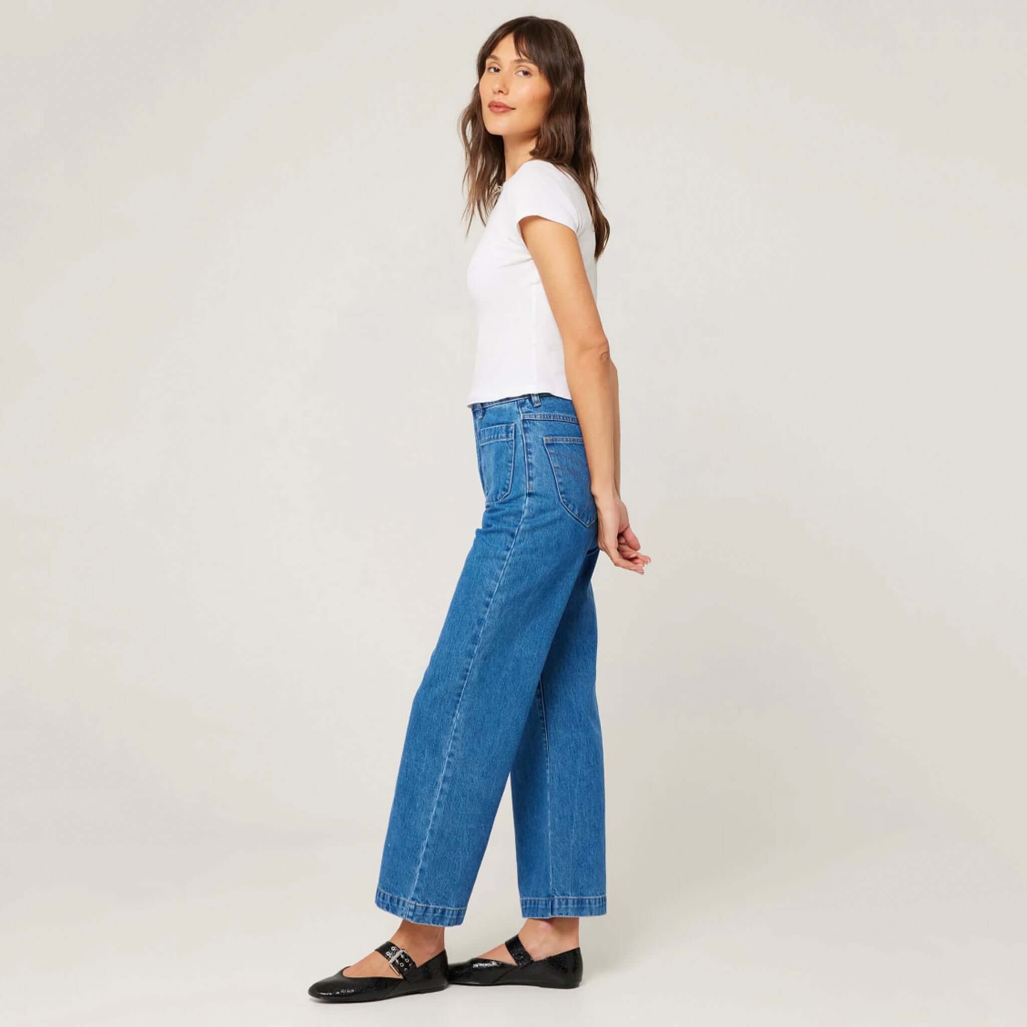 Alt Tag: Rolla's Sailor Jeans - Ashley Blue super high-rise wide-leg rigid denim jeans on model, side view