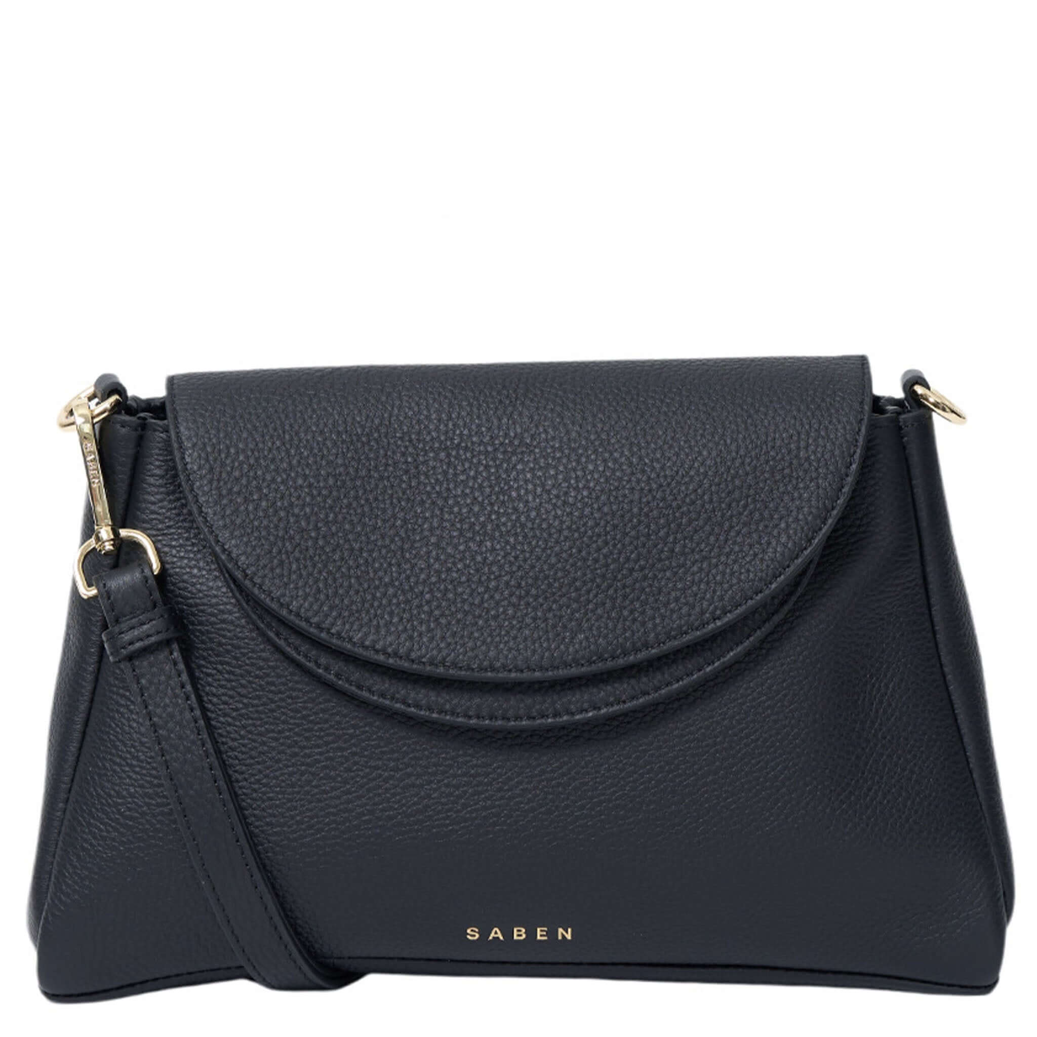 Alt Tag: Saben Beckett Shoulder Bag - Black Luxe soft black leather shoulder bag with foldover flap, draped silhouette and detachable strap