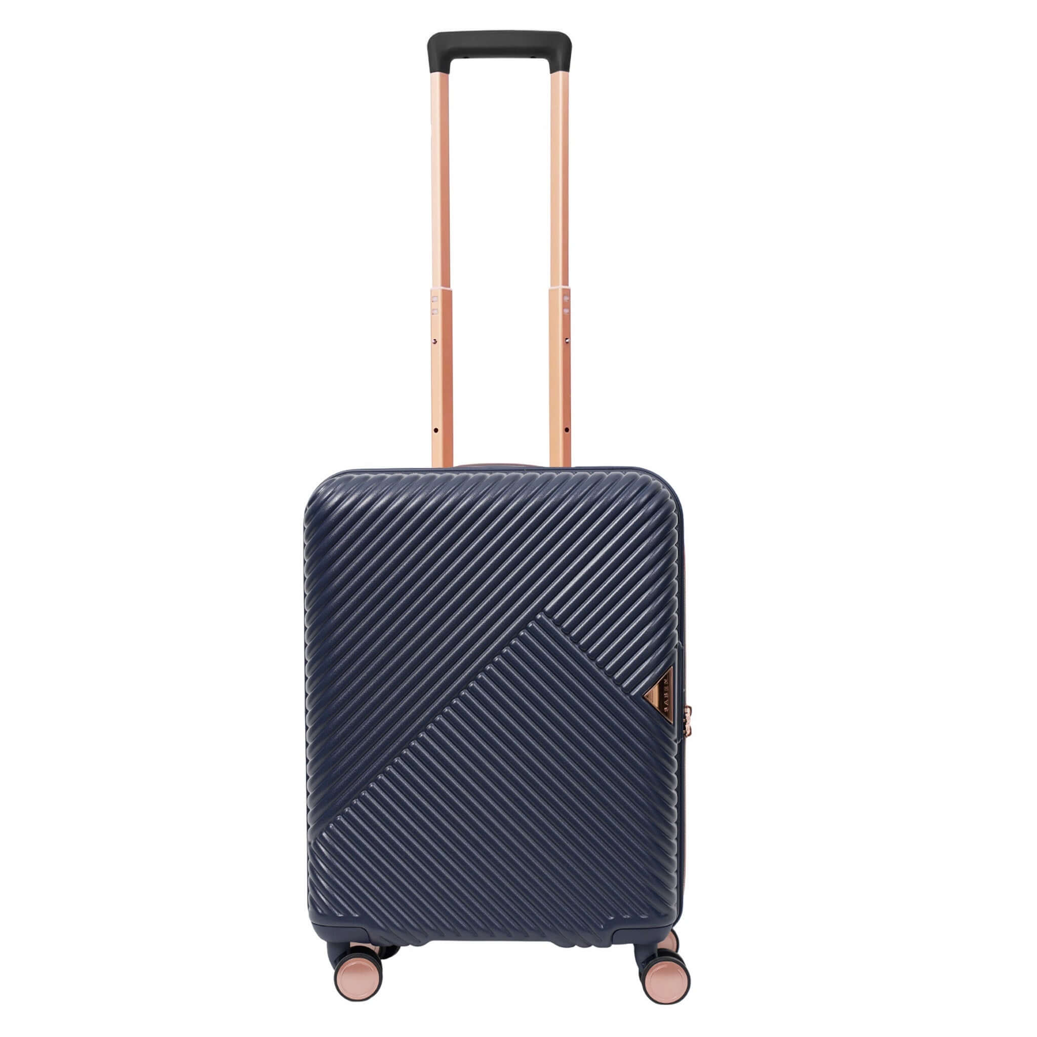 Navy blue suitcase with a geometric pattern on a white background