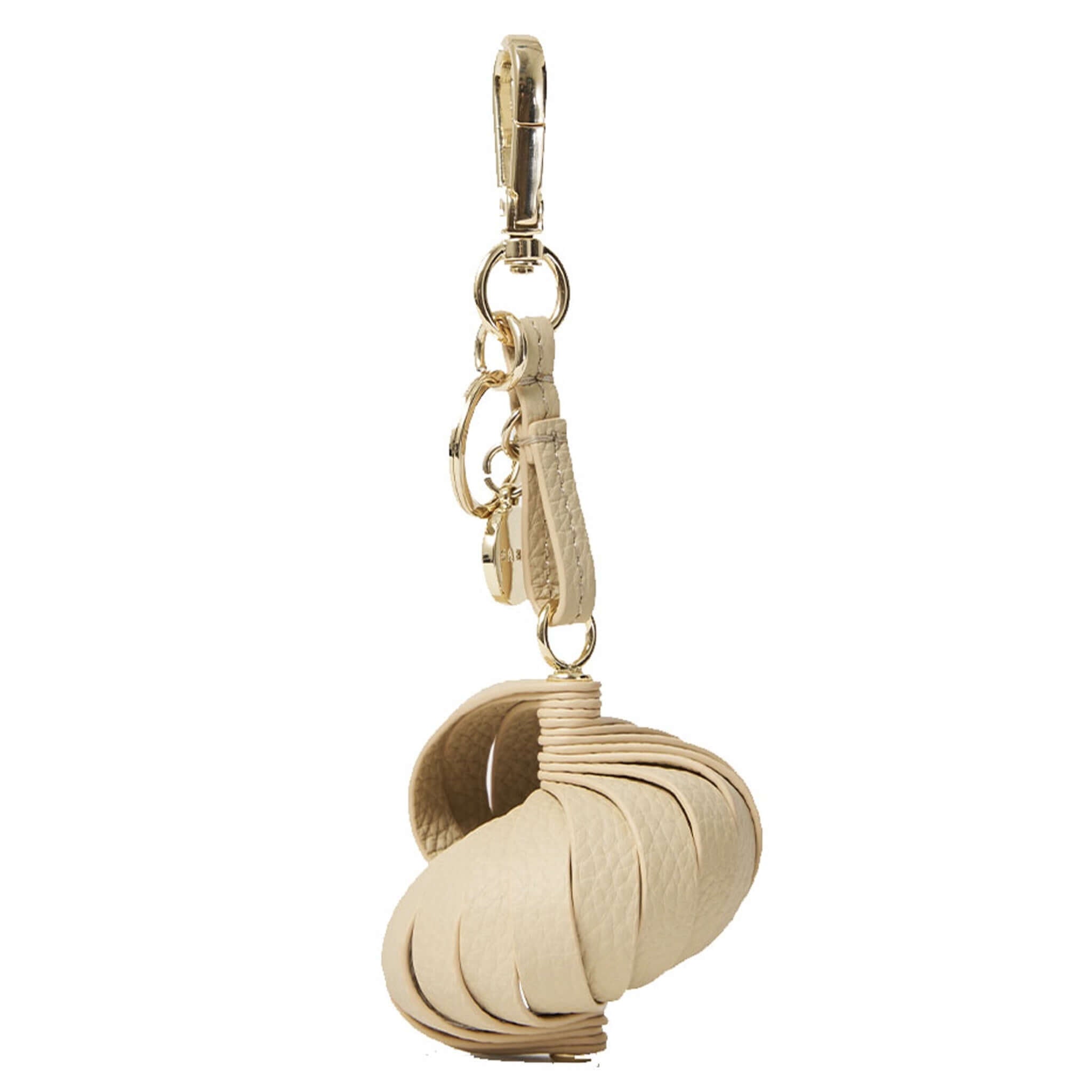 Alt Tag: Saben Charm Keyring - Conch Sand clip-on sand leather keyring charm with gold hardware for keys or bag accessory