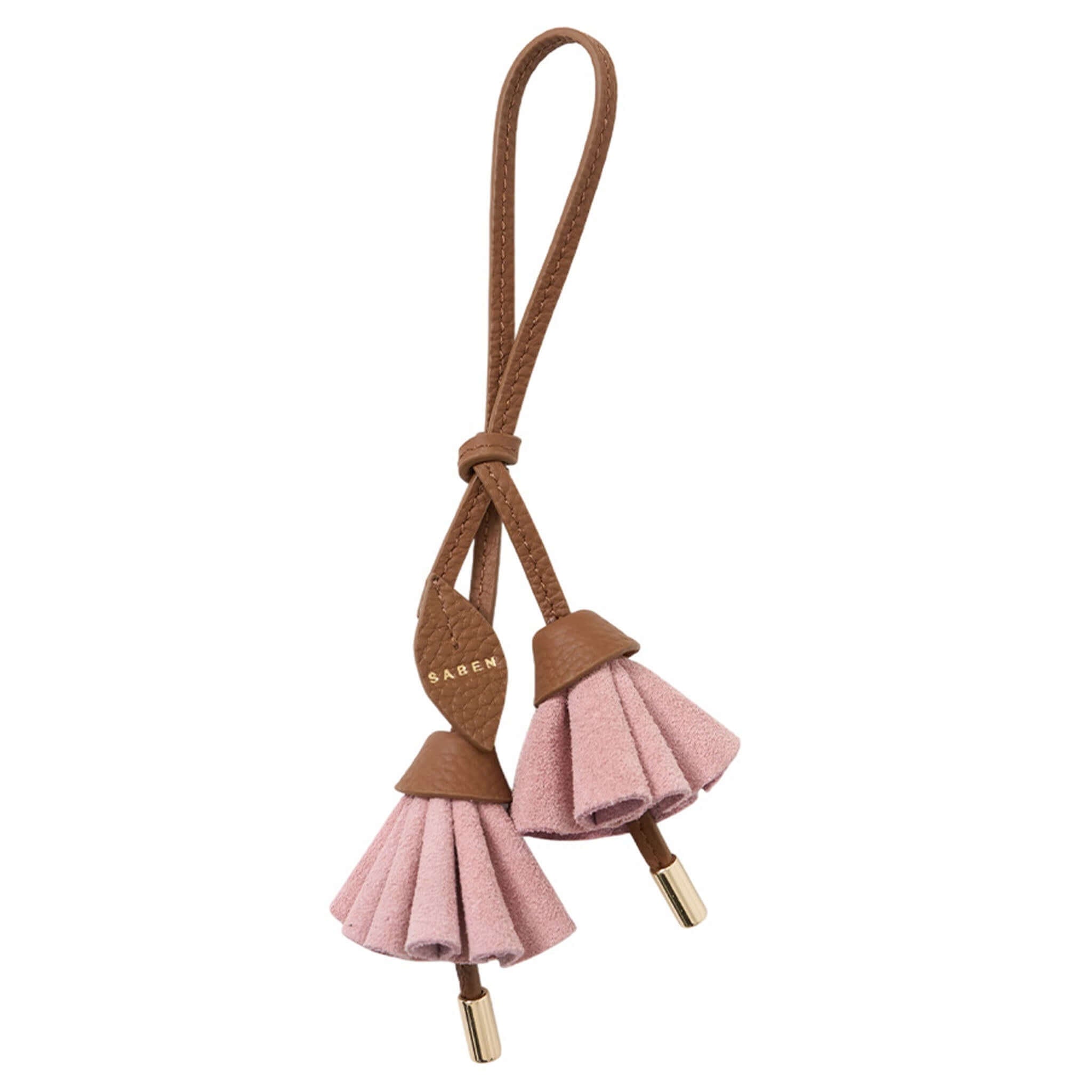 Alt Tag: Saben Charm Lacing Bloom - Desert Rose key charm with leather loop and pink tassels for keys or bag