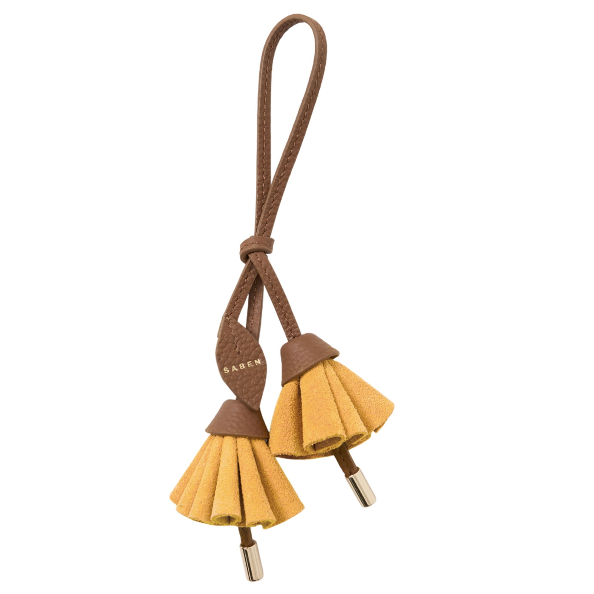 Yellow tassel keychain with brown accents on a white background