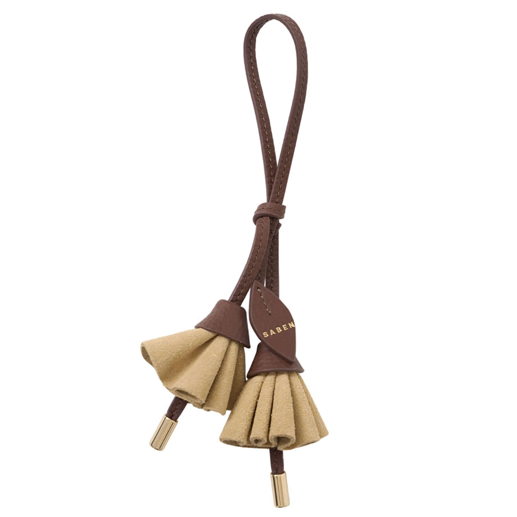 Alt Tag: Saben Charm Lacing Bloom - Raffia key charm with raffia tassels and brown leather lacing strap for keys or bag
