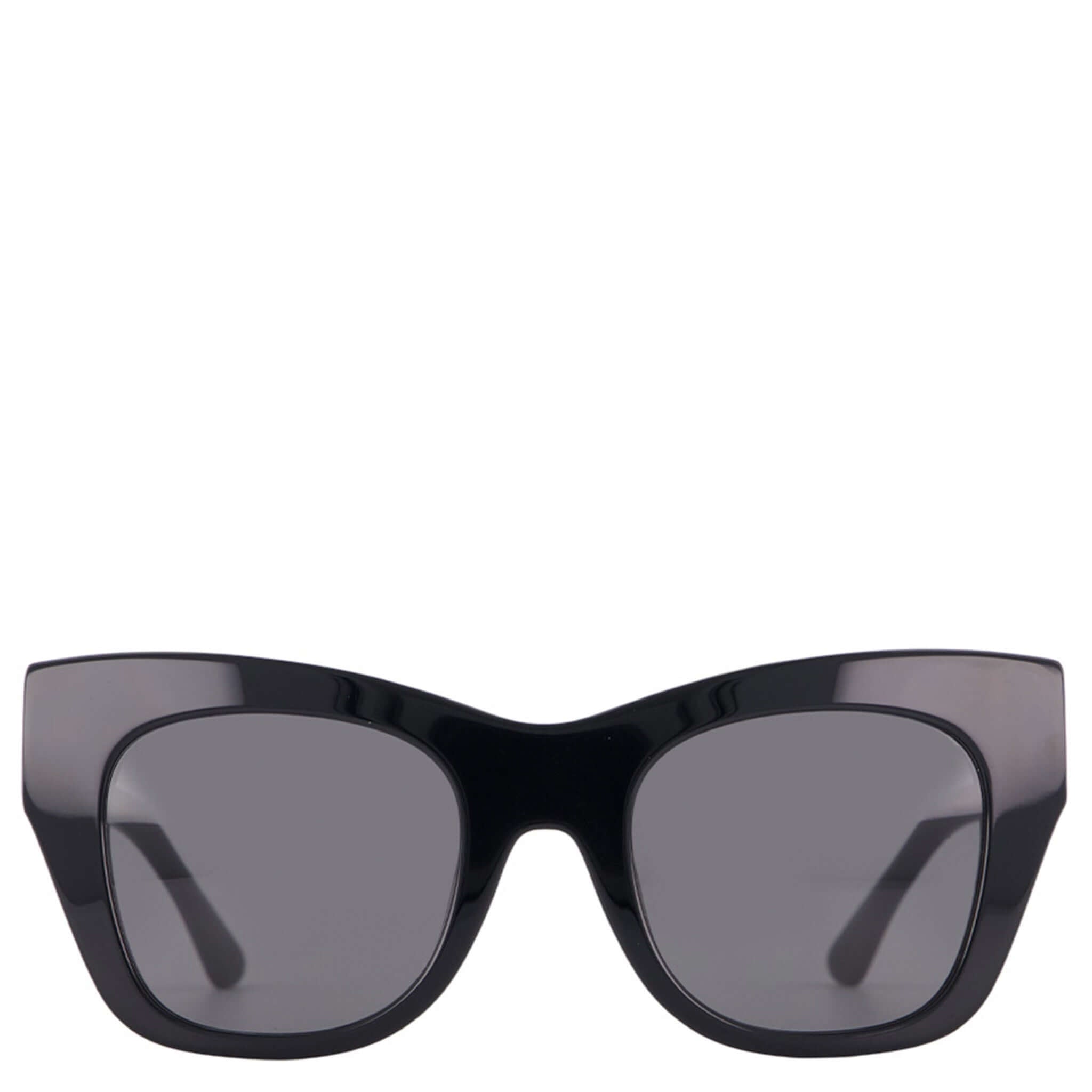 Black sunglasses with dark lenses on a white background
