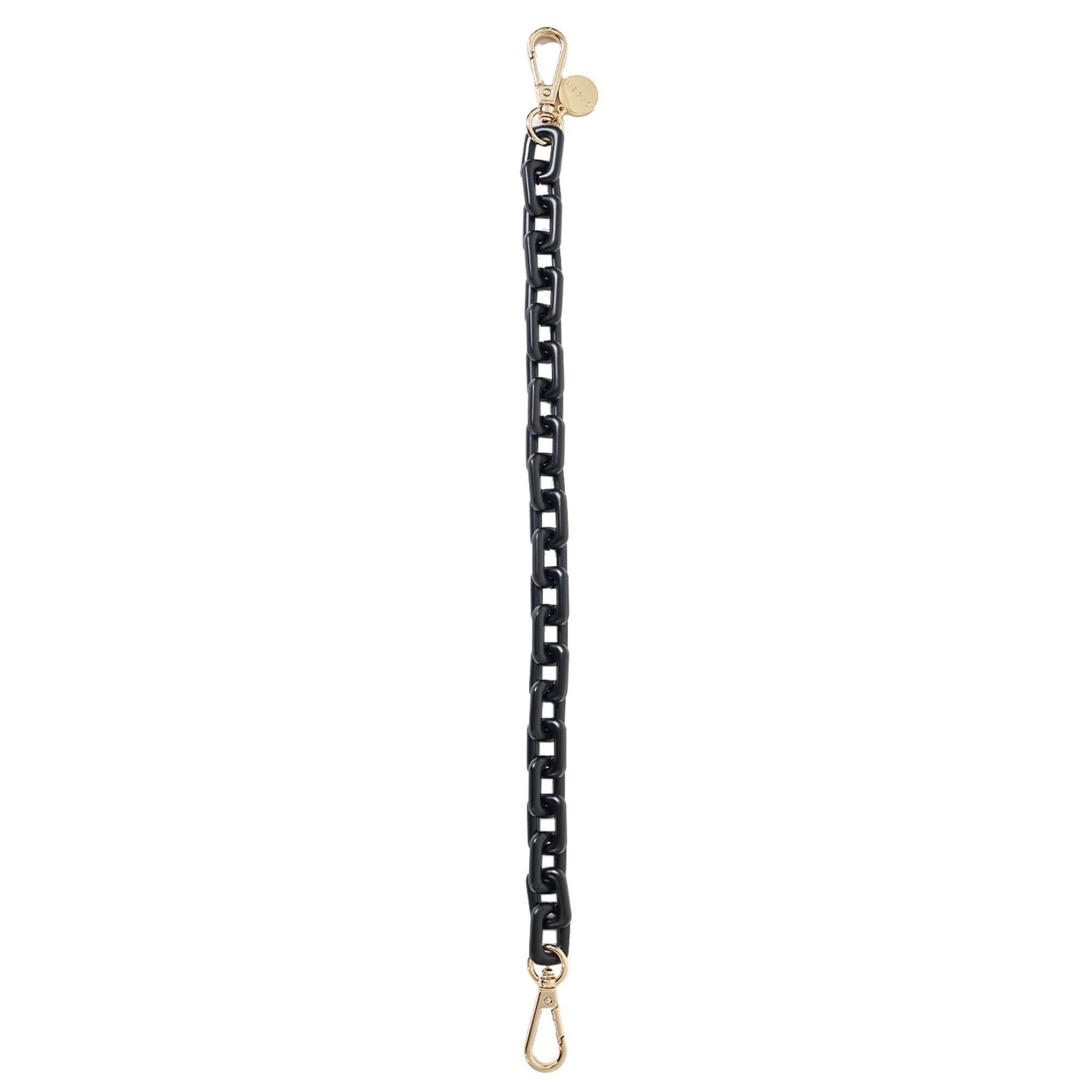 Alt Tag: Saben Feature Chain Handle - Black Chunky black chunky chain bag handle strap with gold clasps for clutch, wristlet or bag jewellery