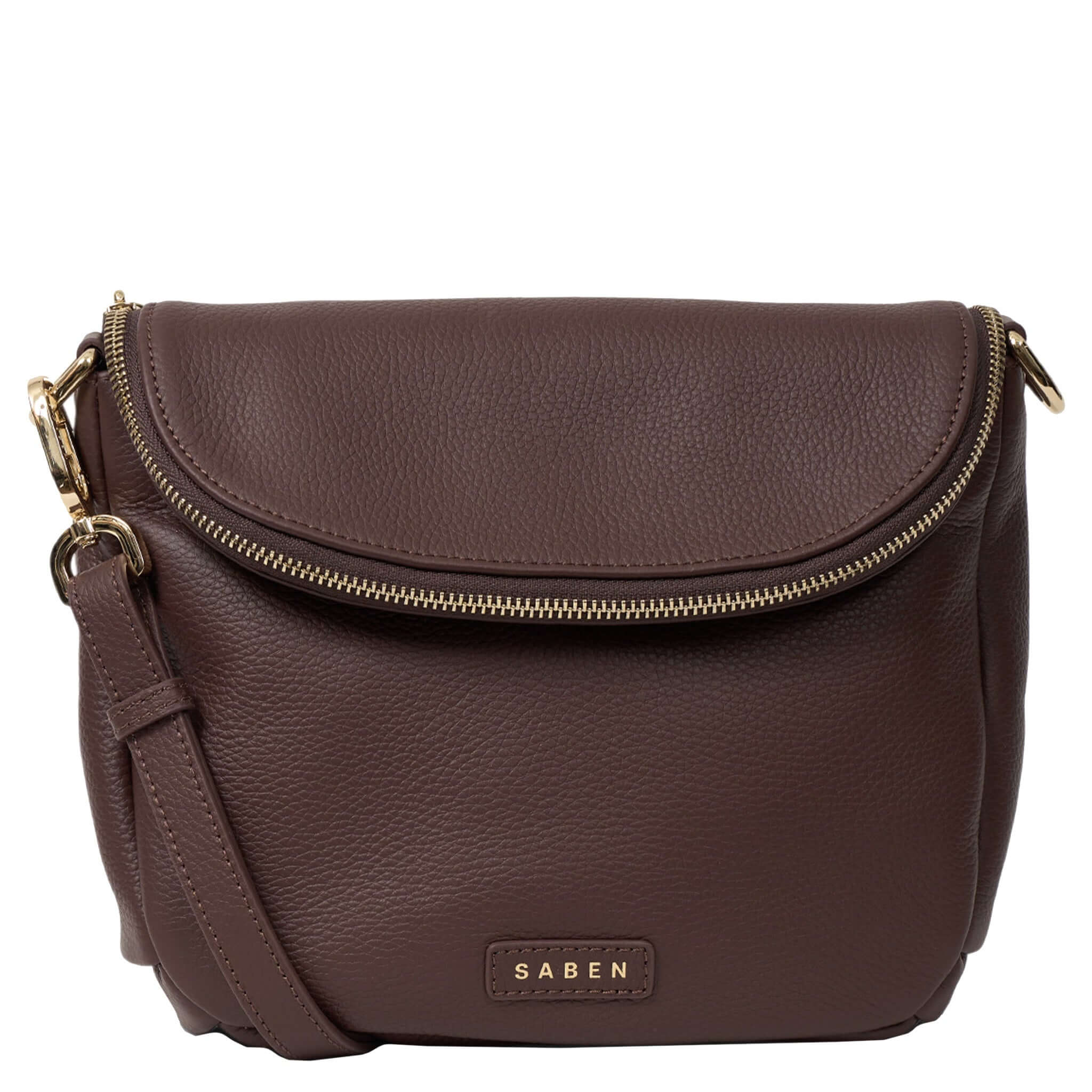 Alt Tag: Saben Fifi Crossbody Bag - Espresso compact pebbled leather crossbody bag with draped pocket detail and gold zip