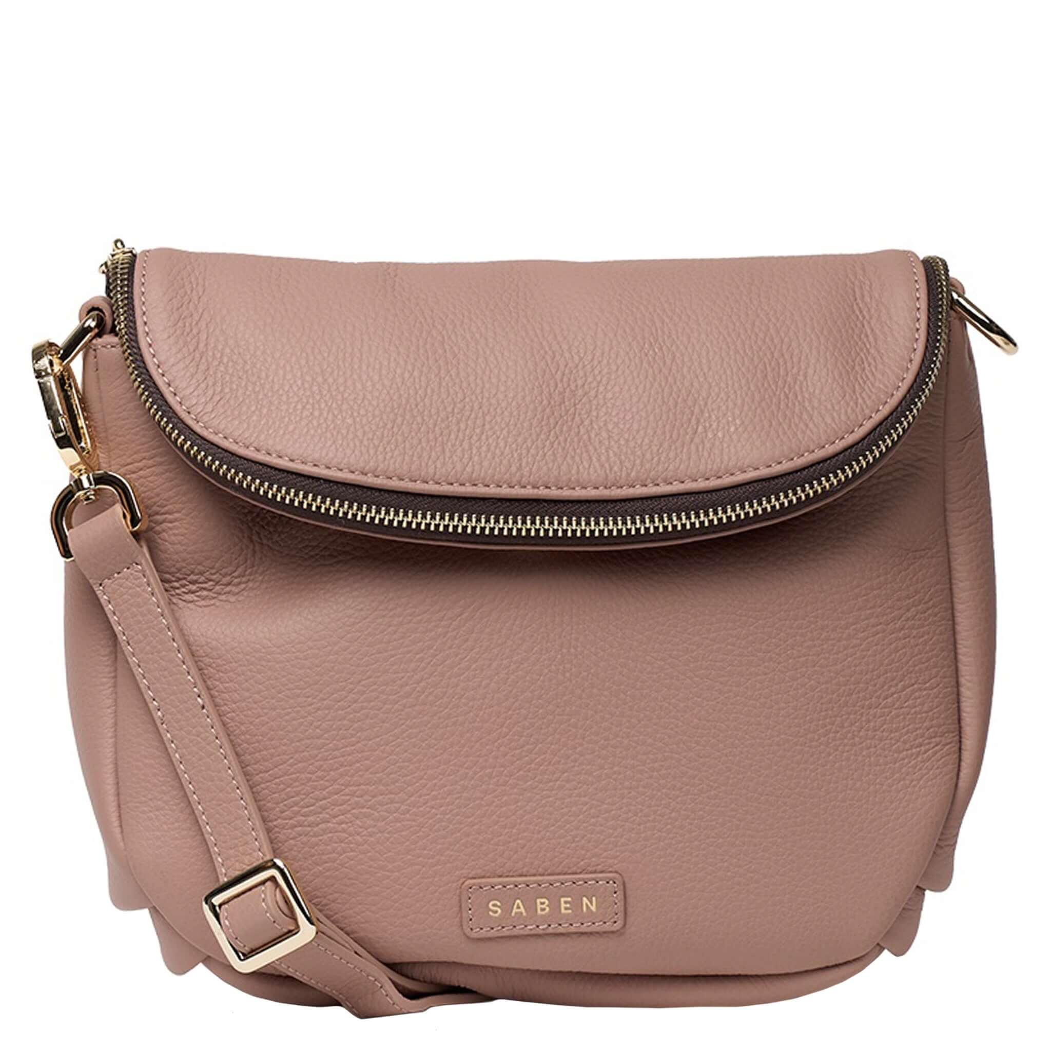 Saben Fifi Crossbody Bag - Rosewater, chic compact handbag in soft pebbled leather with draped pocket detail.