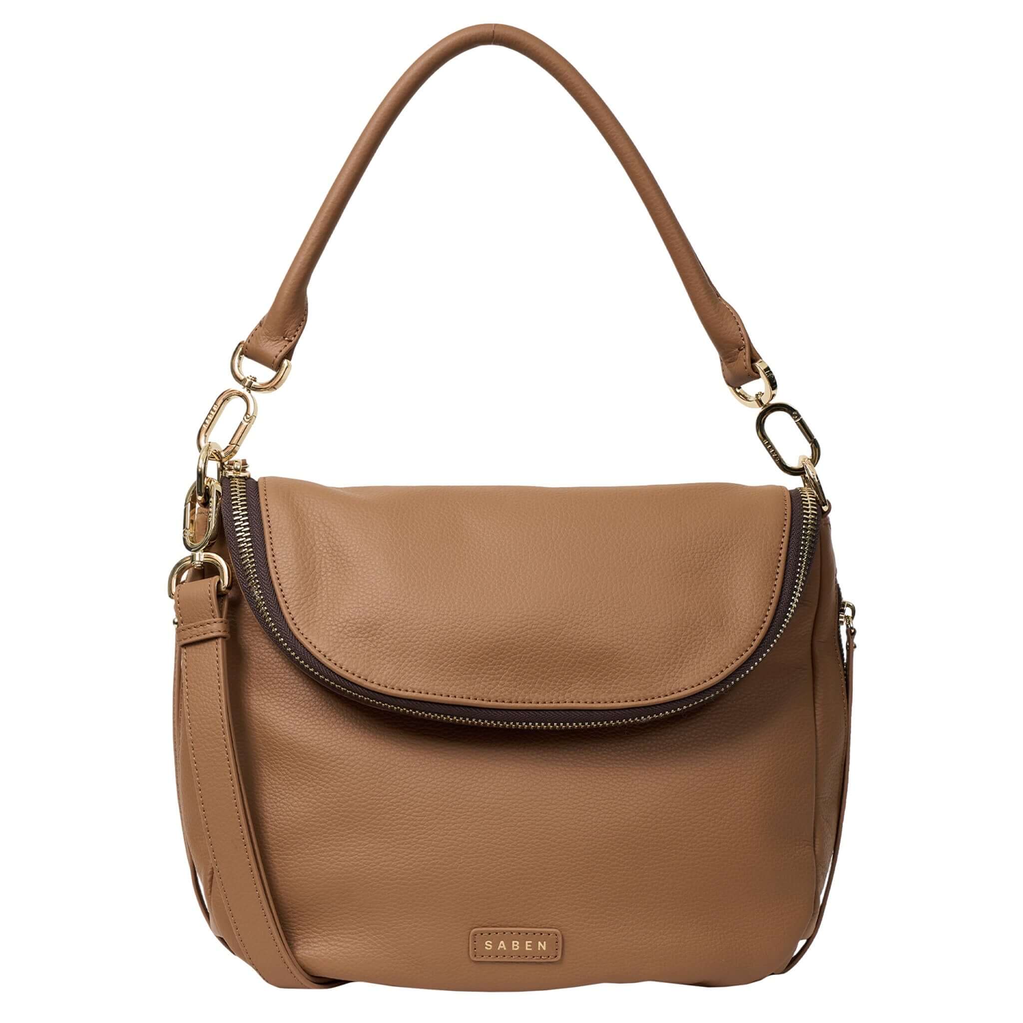 Alt Tag: Saben Frankie Shoulder Bag - Toffee slouchy pebbled leather shoulder bag with front flap zip compartment