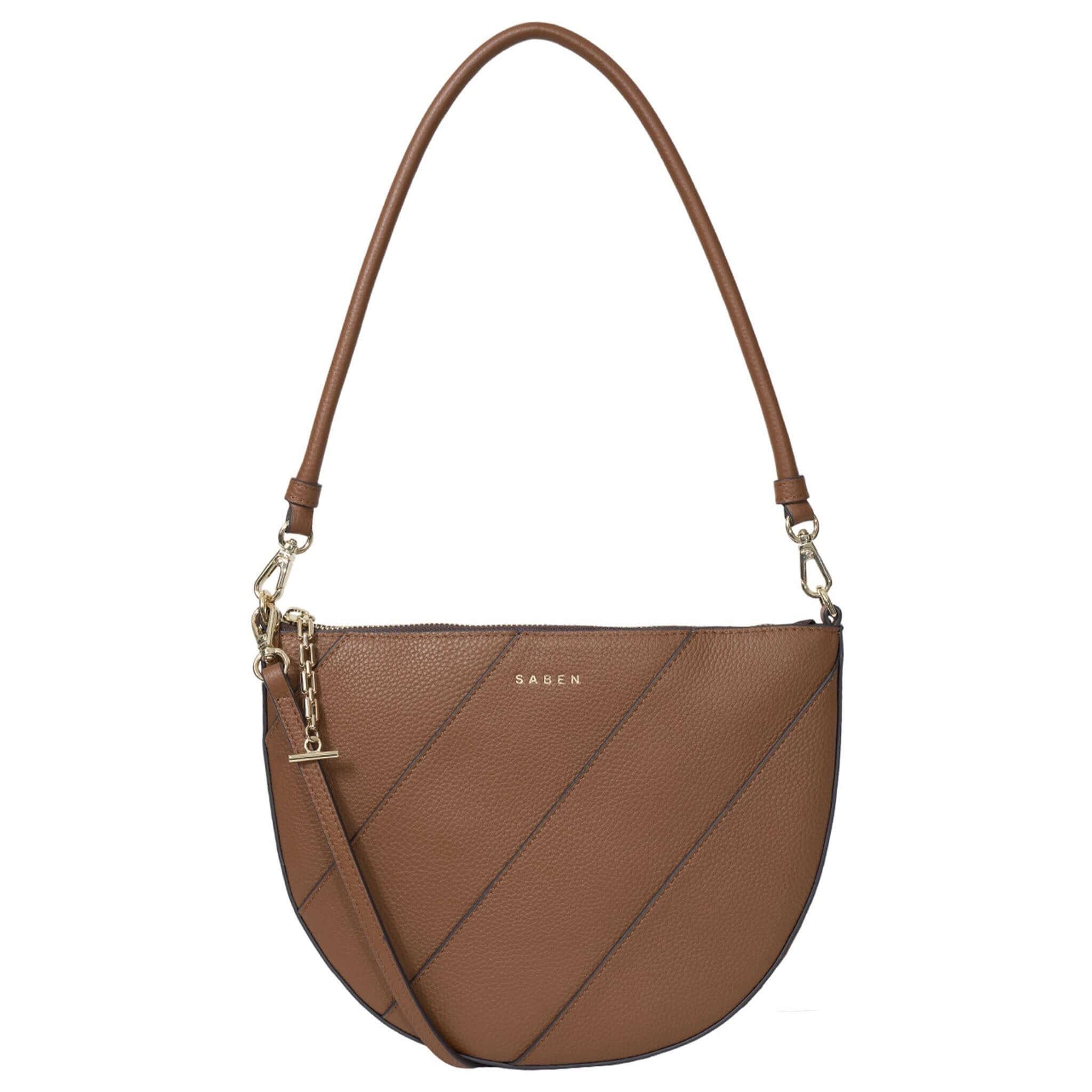 Brown handbag with a gold chain strap on a white background