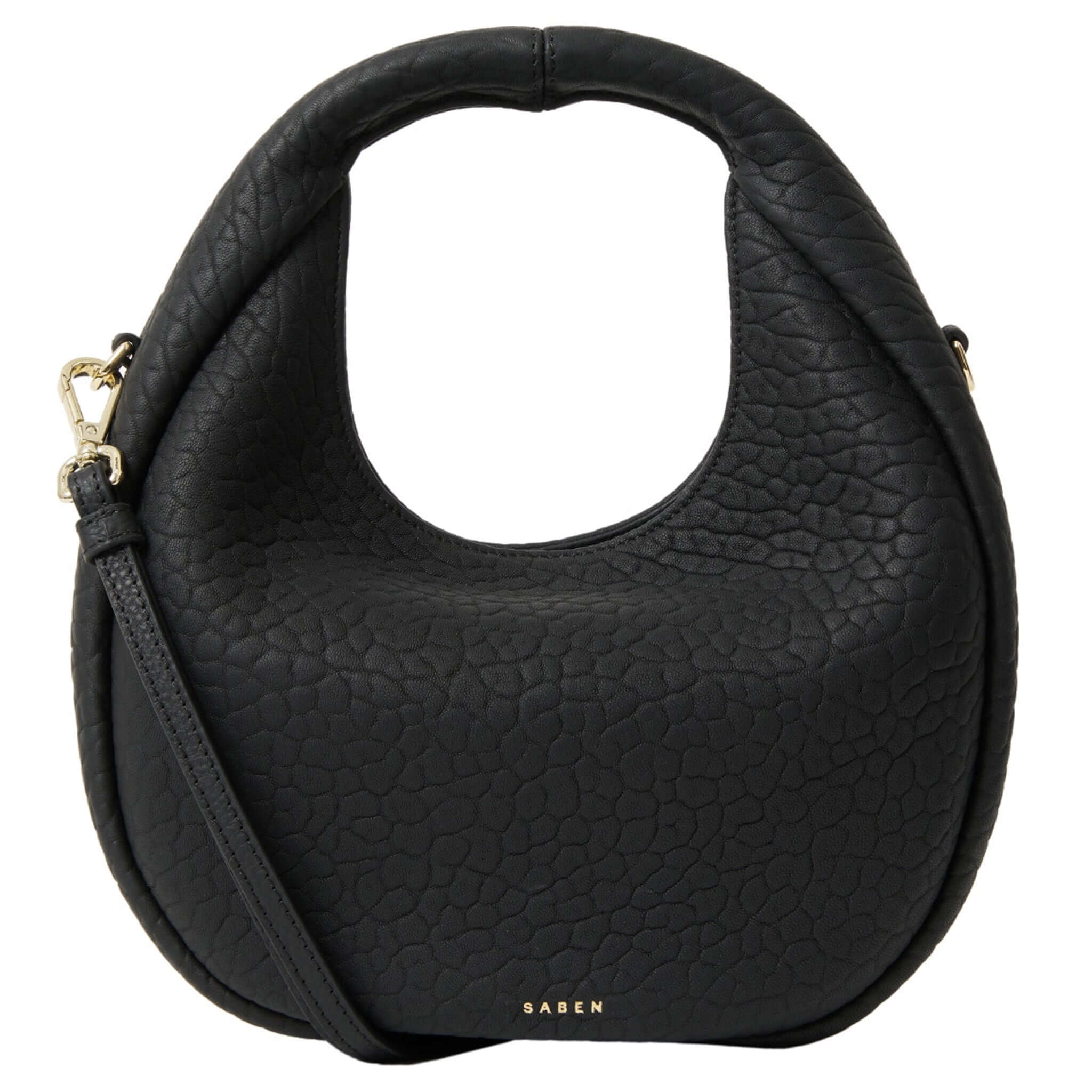 Alt Tag: Saben Halle Mini Bag - Black Bubble black textured leather circular mini bag with curved zip opening and detachable crossbody strap