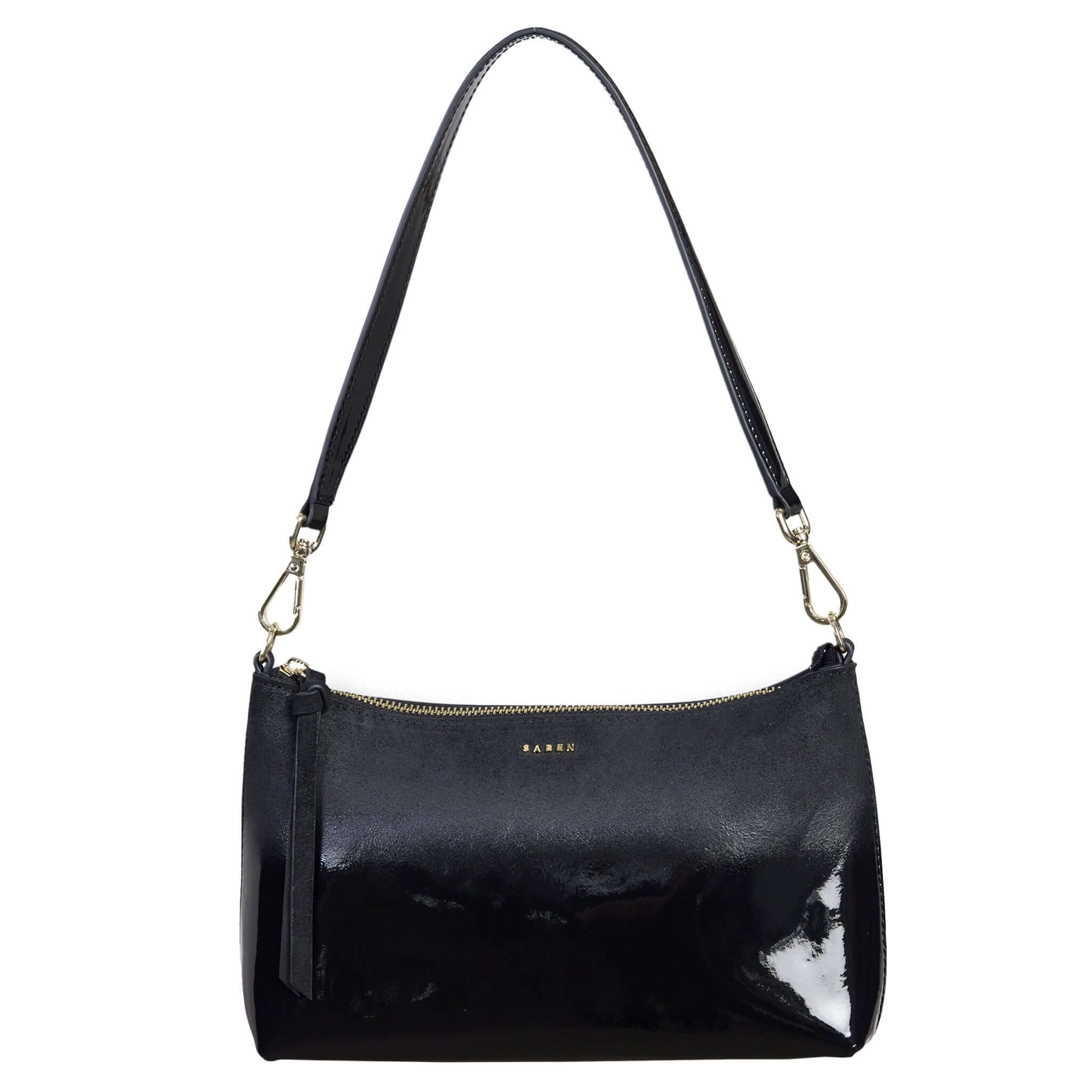 Alt Tag: Saben Haven Shoulder Bag - Black Dipped black glossy shoulder bag with gold hardware and zip top, compact crossbody-ready design