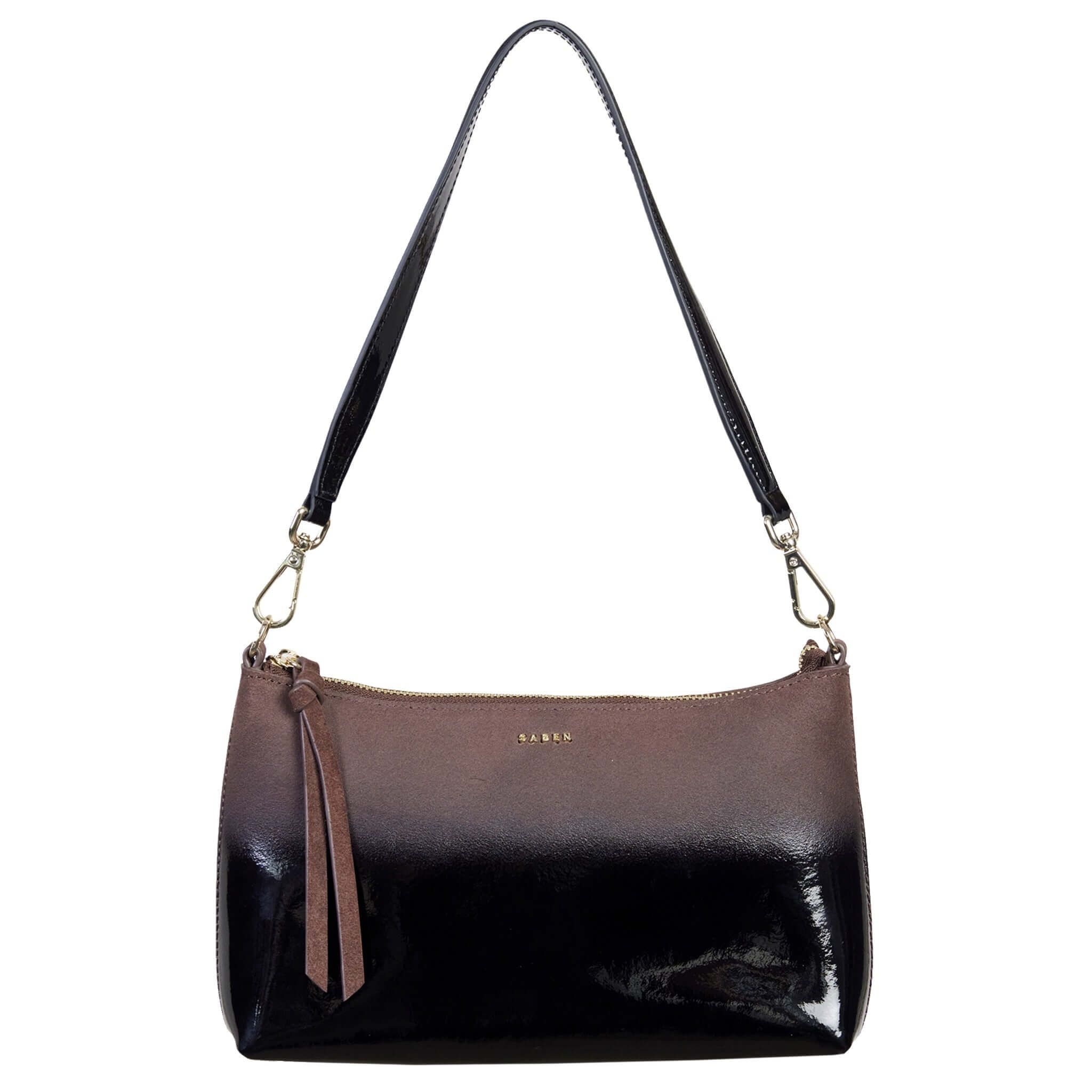 Saben Haven Shoulder Bag - Espresso Dipped small leather shoulder bag with removable strap and zip top, espresso-to-black dip finish