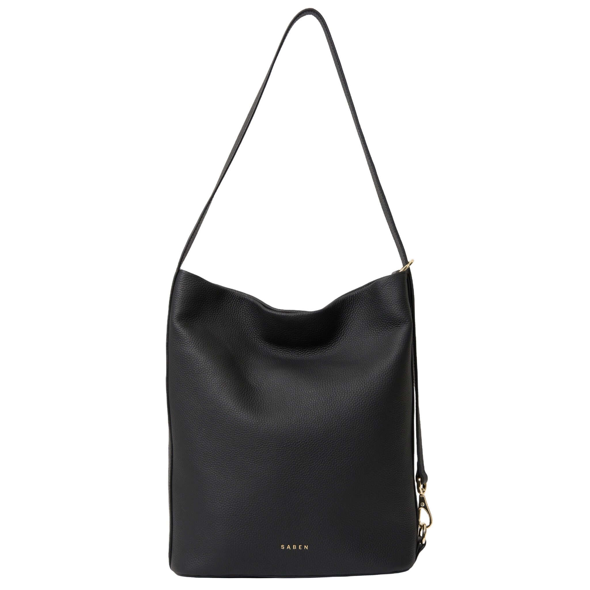 Saben June Shoulder Bag - Black Luxe black bucket-style tote with adjustable shoulder strap and roomy interior