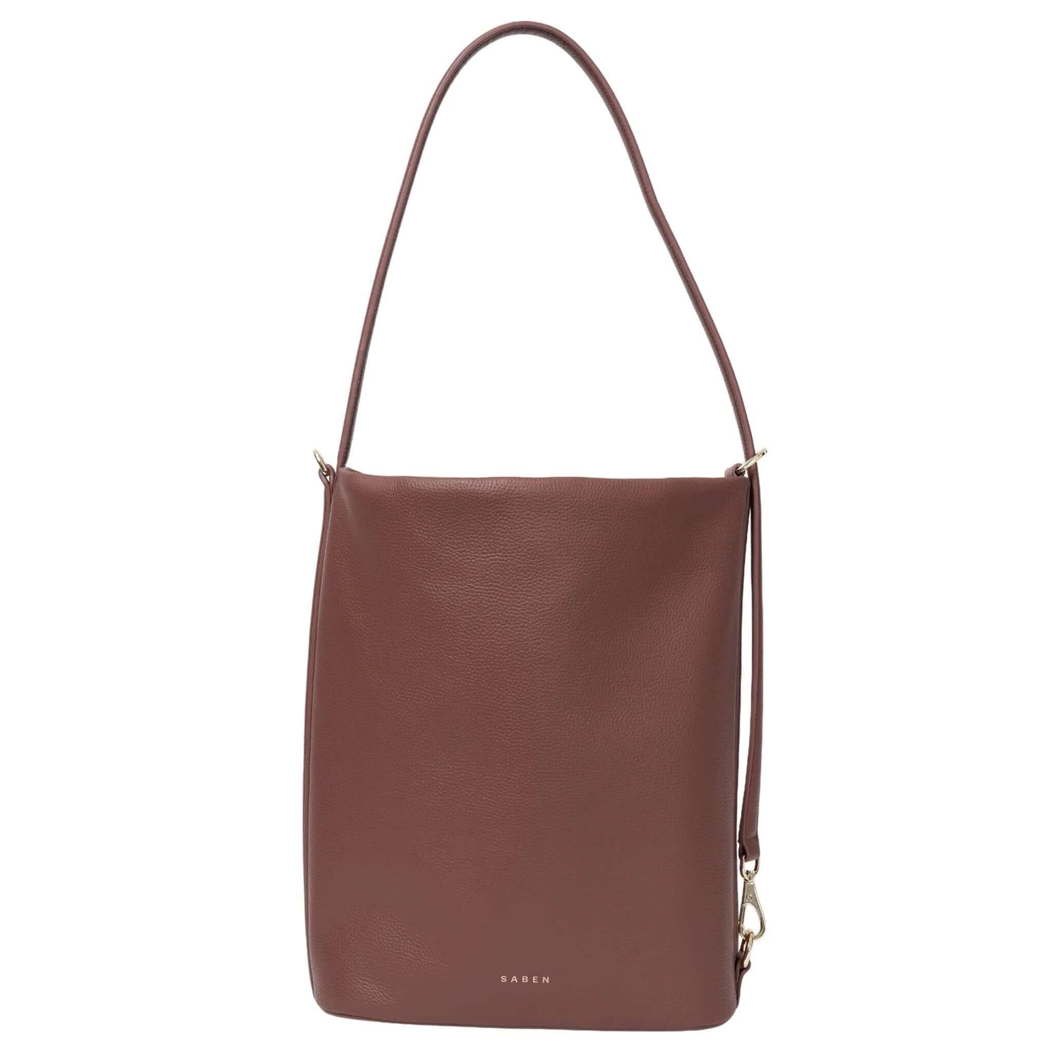 Alt Tag: Saben June Shoulder Bag - Umber bucket-style tote with adjustable shoulder strap, sleek silhouette and roomy interior