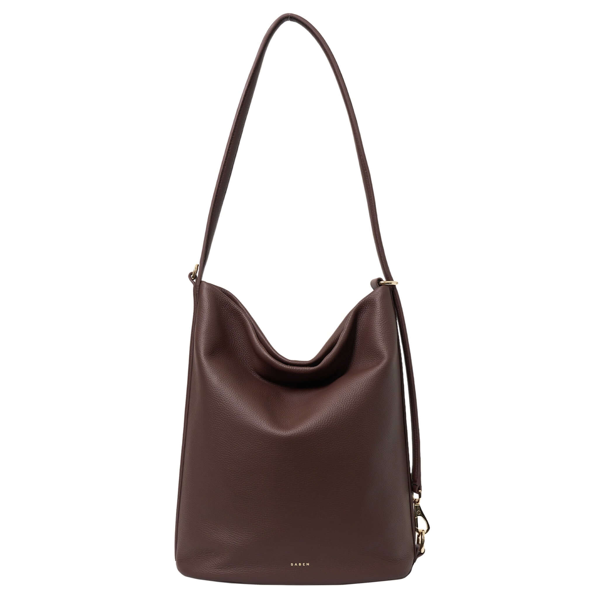 Alt Tag: Saben June Shoulder Bag - Espresso Luxe bucket tote in rich espresso leather with adjustable shoulder strap and roomy interior