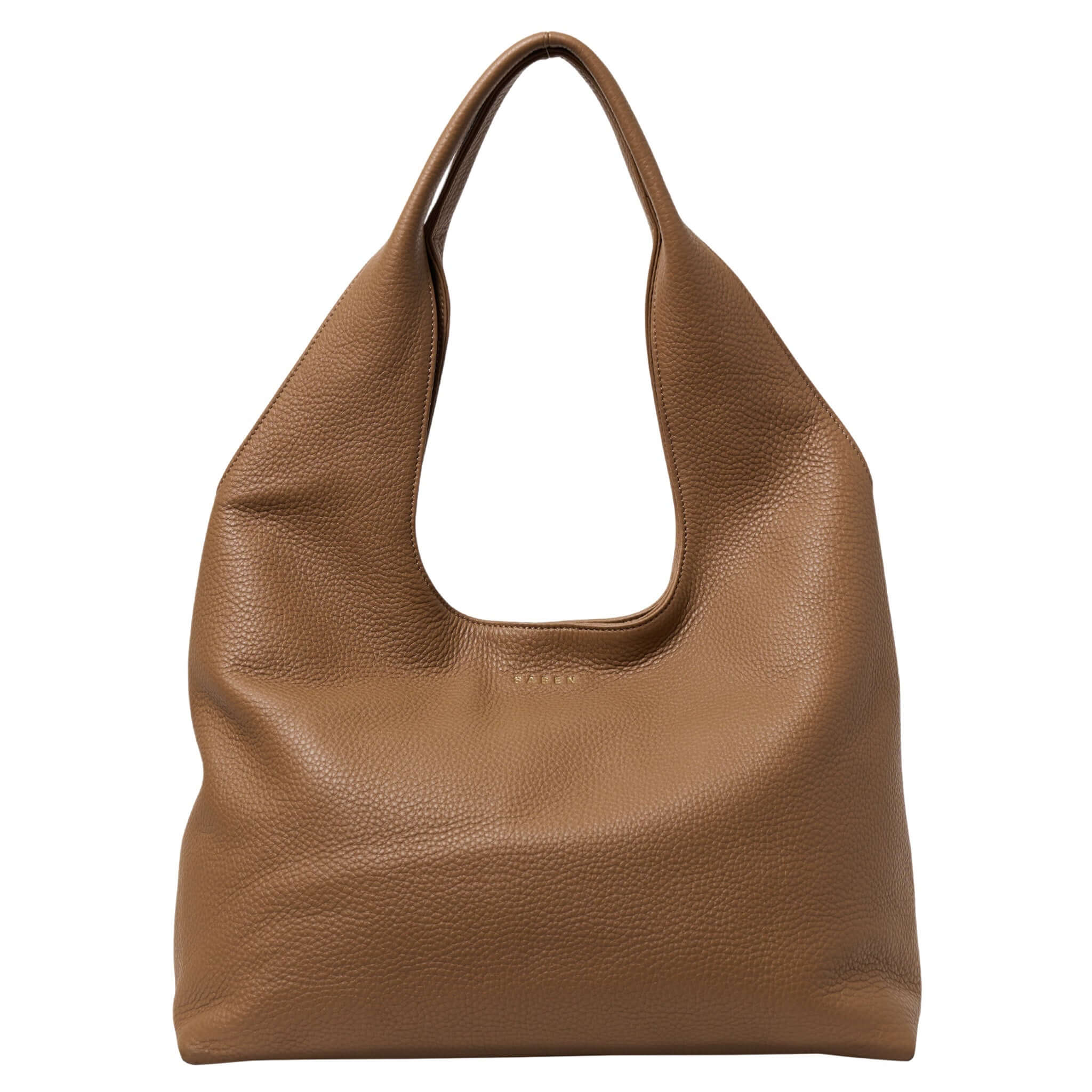 Alt Tag: Saben Kip Shoulder Bag - Lightly Milled Toffee slouchy pebbled leather shoulder bag in warm toffee brown with roomy relaxed silhouette