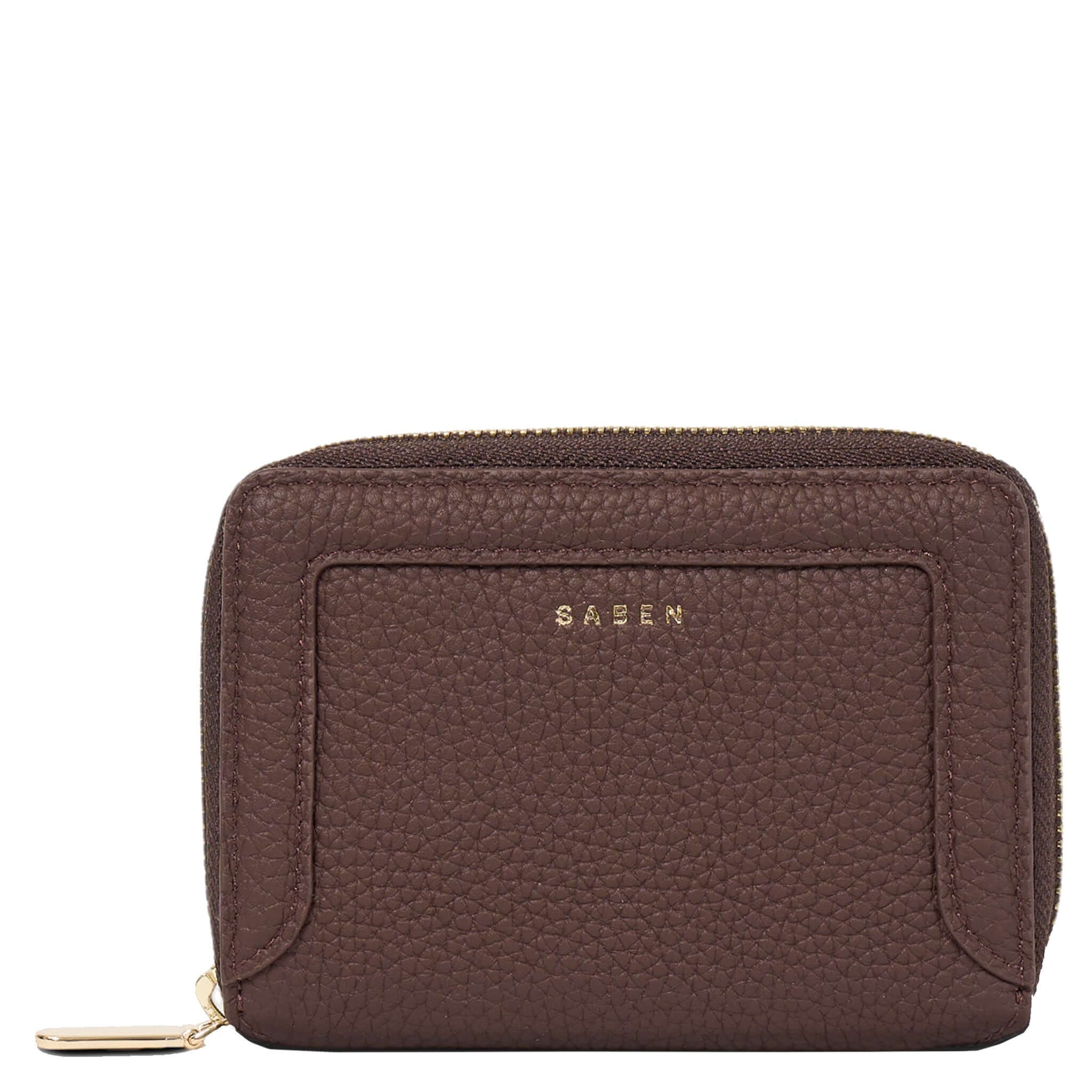 Alt Tag: Saben Landry Wallet - Espresso compact zip-around espresso leather wallet with card slots and coin zip pocket, front view