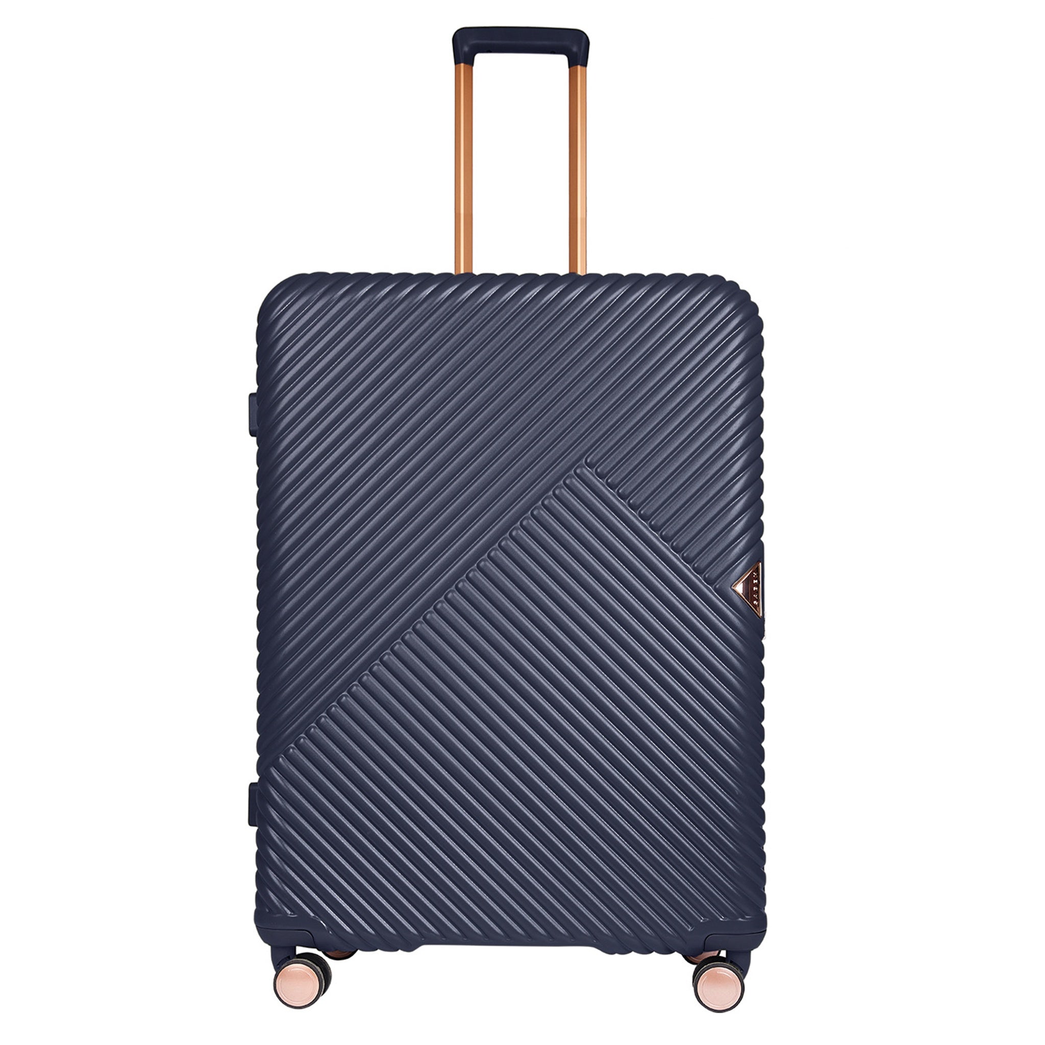 Navy blue suitcase with a textured pattern on a white background