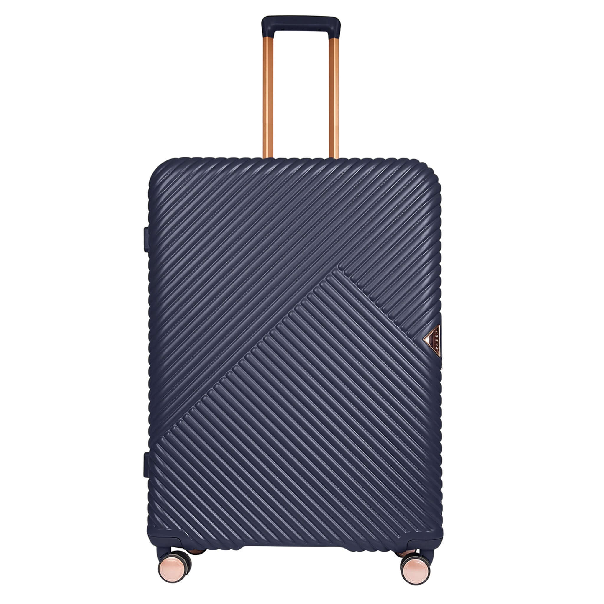 Navy blue suitcase with a textured pattern on a white background