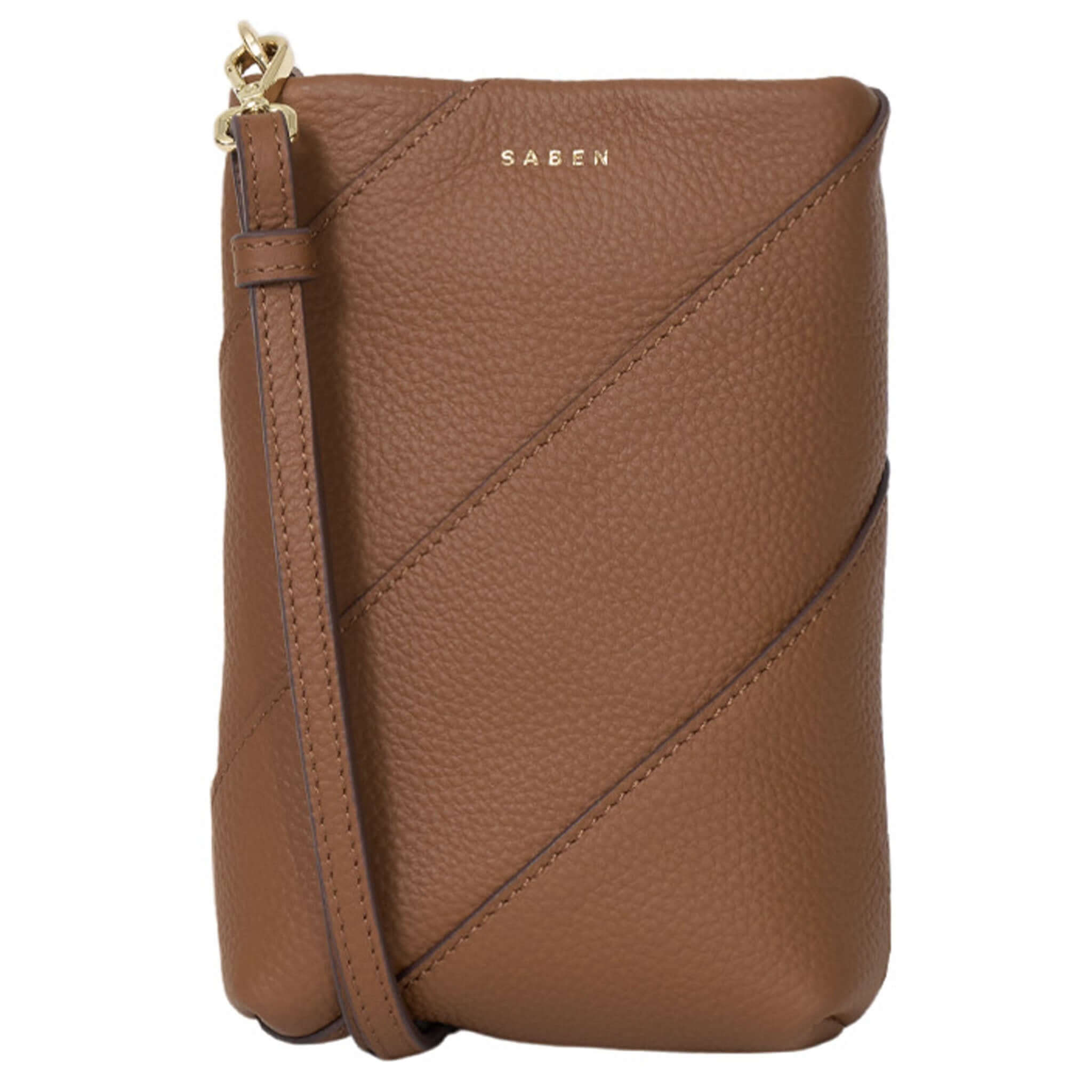 Brown leather crossbody bag with 'SABEN' branding on a white background