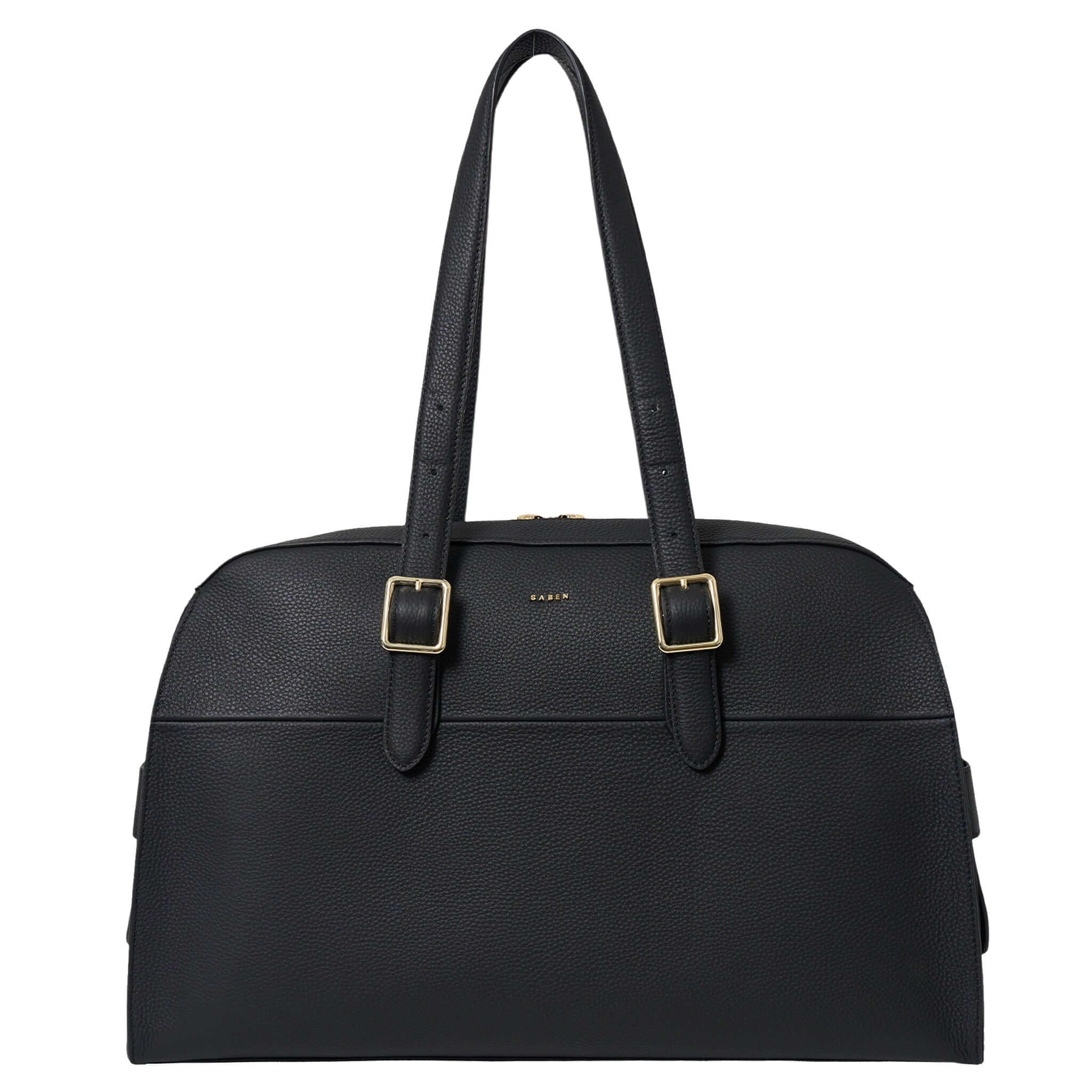 Alt Tag: Saben Marti Shoulder Bag - Black structured bowler shoulder bag with buckle strap details and secure zip closure