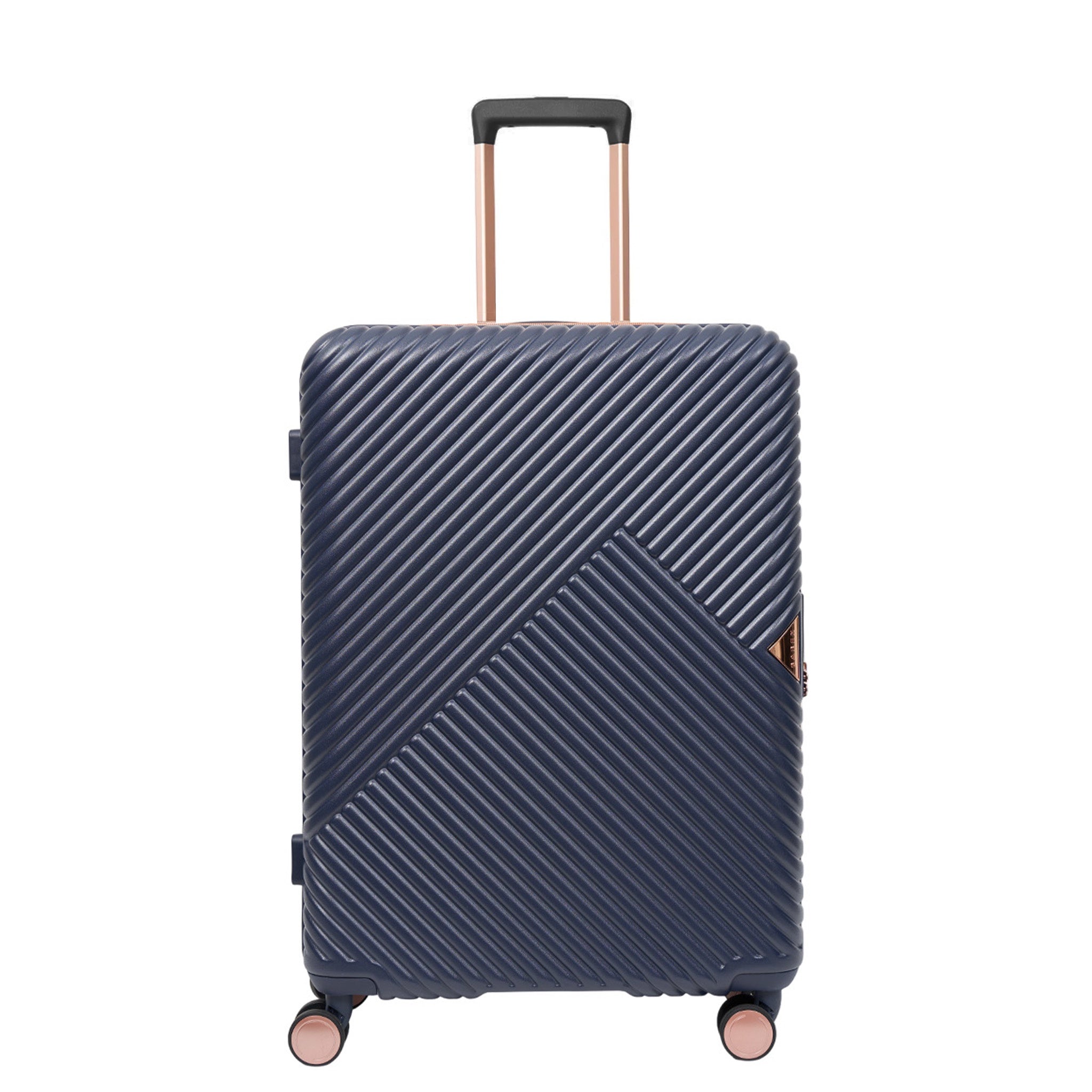 Navy blue suitcase with a geometric pattern on a white background