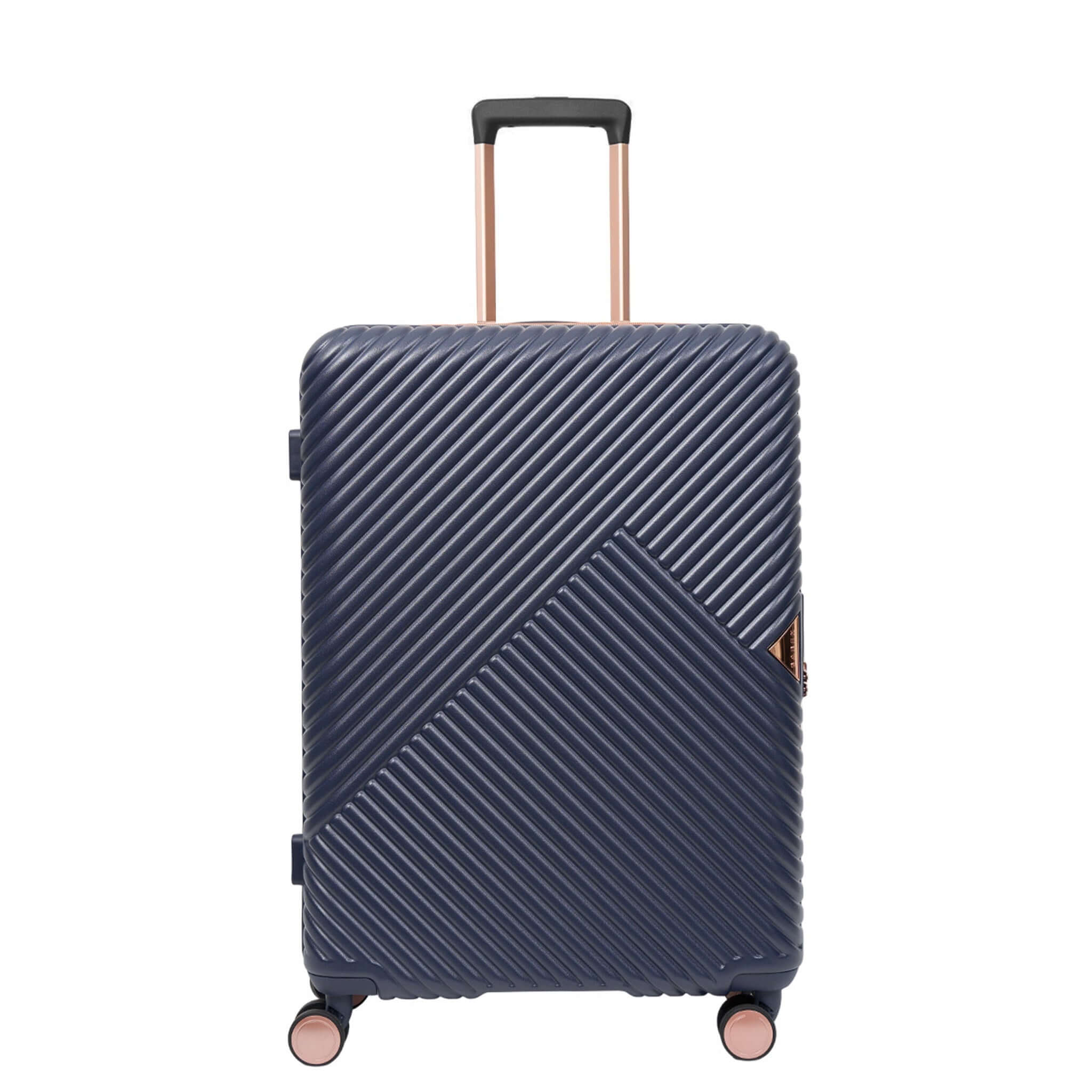 Navy blue suitcase with a geometric pattern on a white background