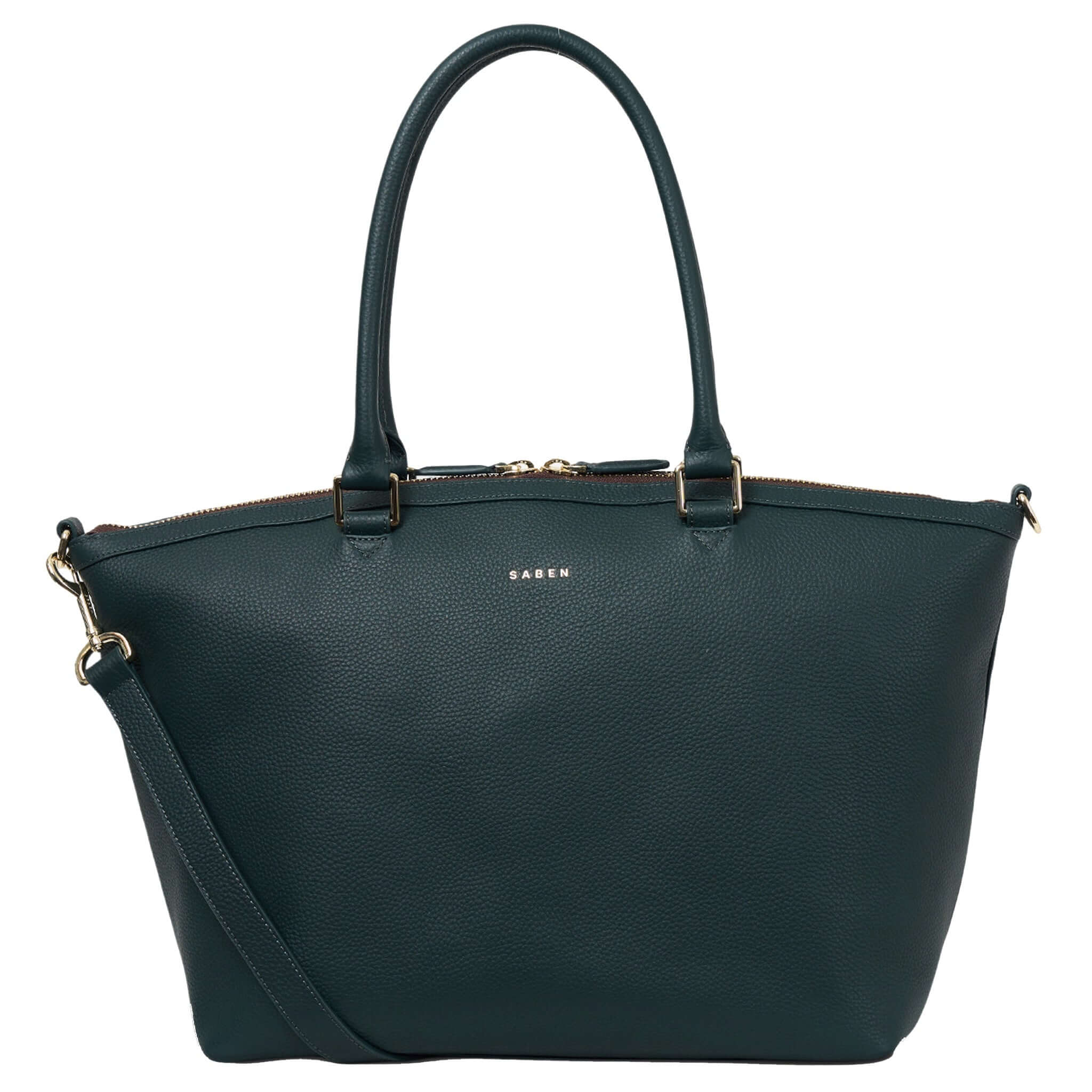 Alt Tag: Saben Milan Carry-All Bag - Hunter Green leather tote with long handles, zip top and detachable strap, spacious carry-all bag