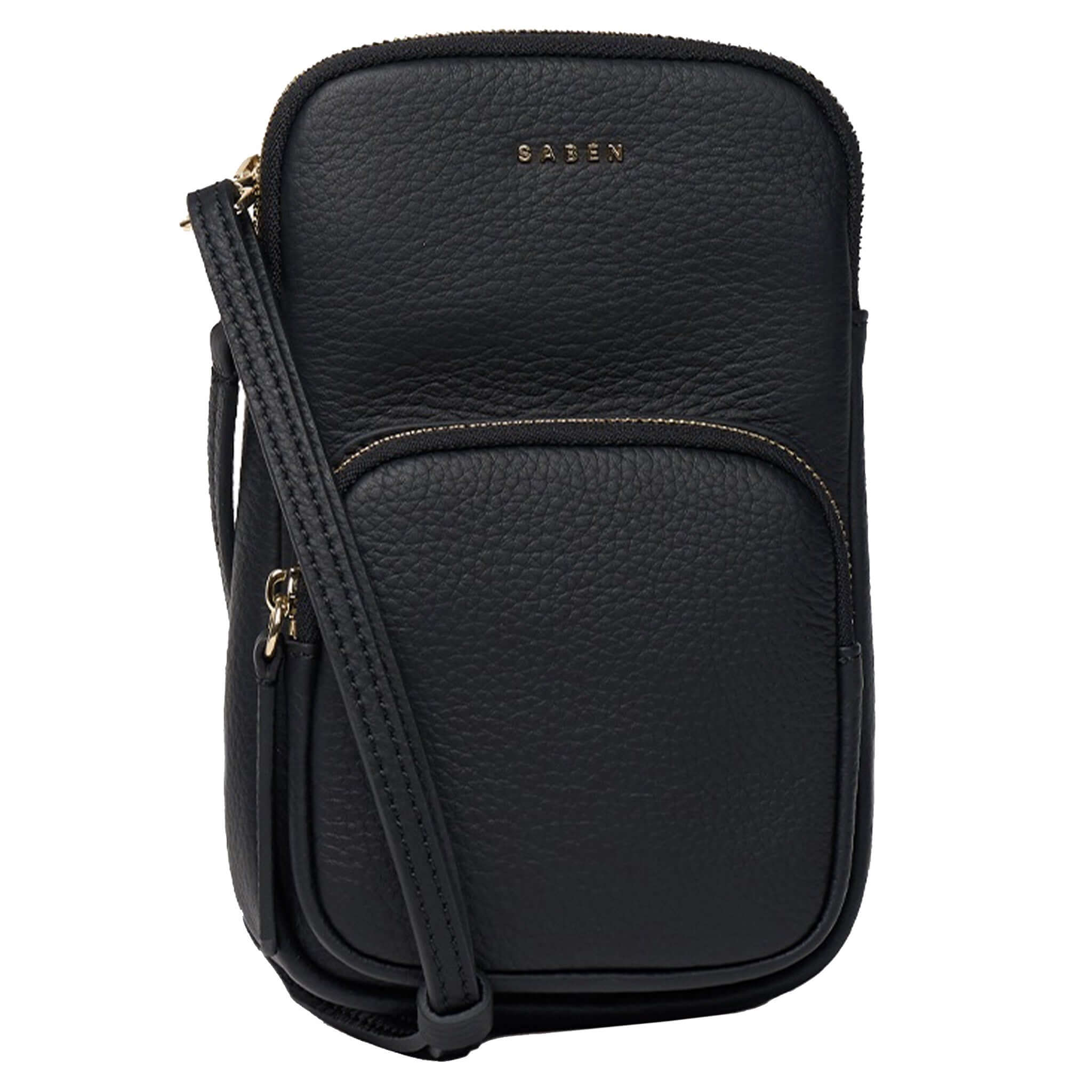 Saben Nikko Pocket Phone Sling - Black Luxe front view showing sleek design and front pocket detail.