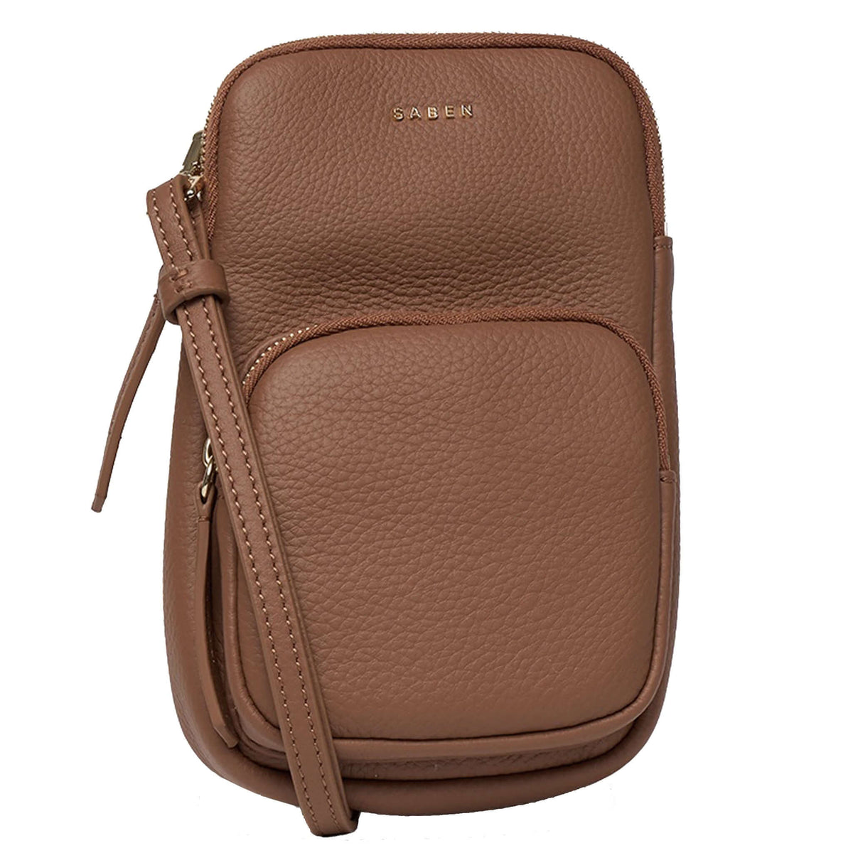 Saben Nikko Pocket Phone Sling - Tan Luxe structured leather crossbody bag in tan with front pocket