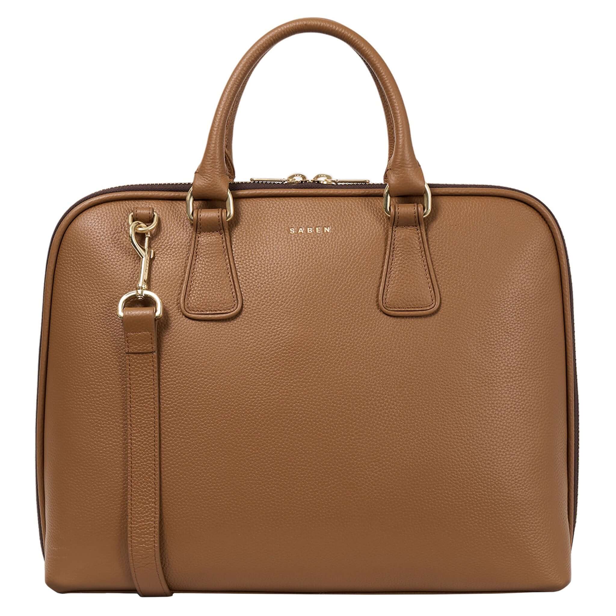 Alt Tag: Saben Parker Briefcase - Toffee leather laptop briefcase with top handles and detachable shoulder strap