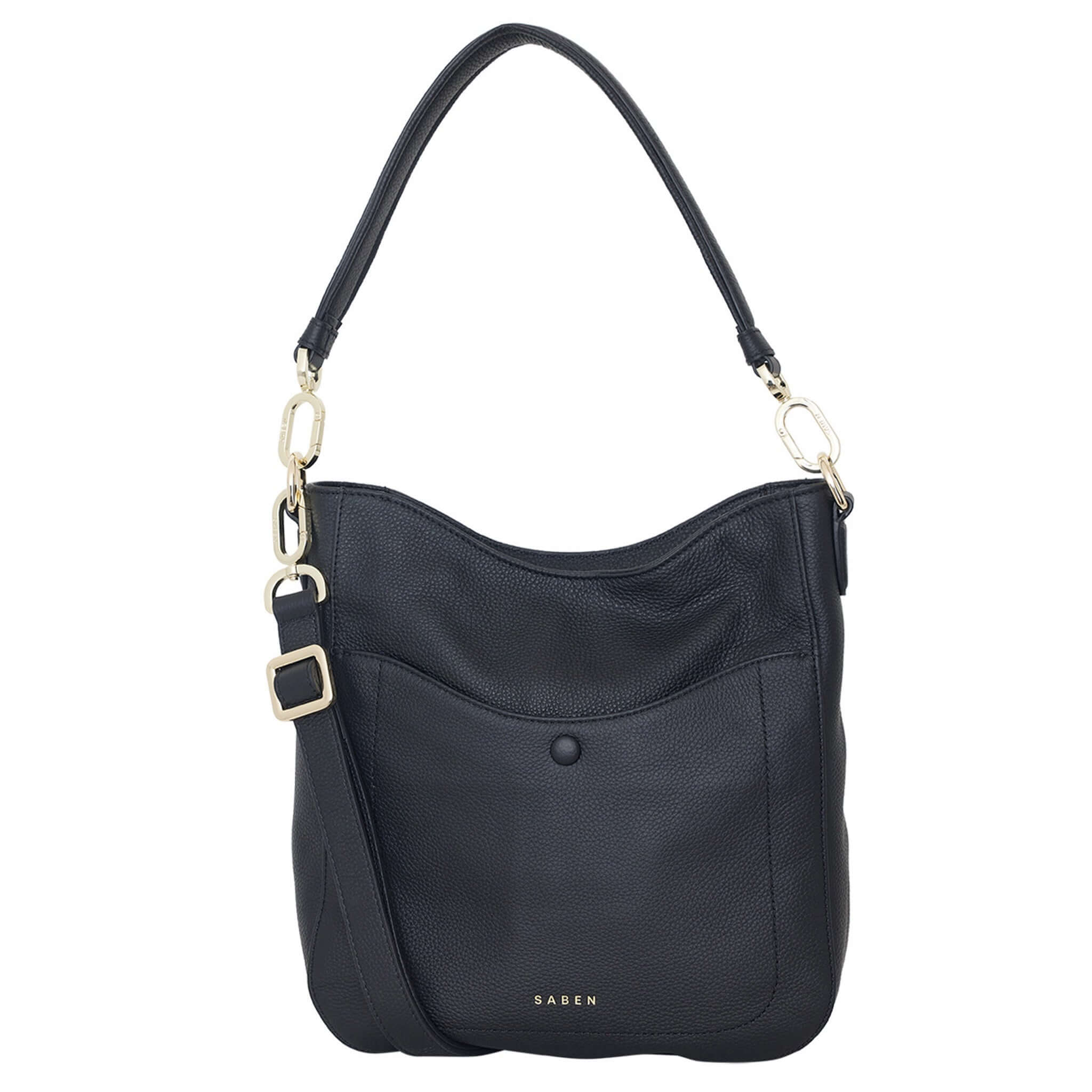 Alt Tag: Saben Rebe Shoulder Bag - Black Luxe hobo bag in black pebbled leather with detachable shoulder/crossbody strap and gold hardware