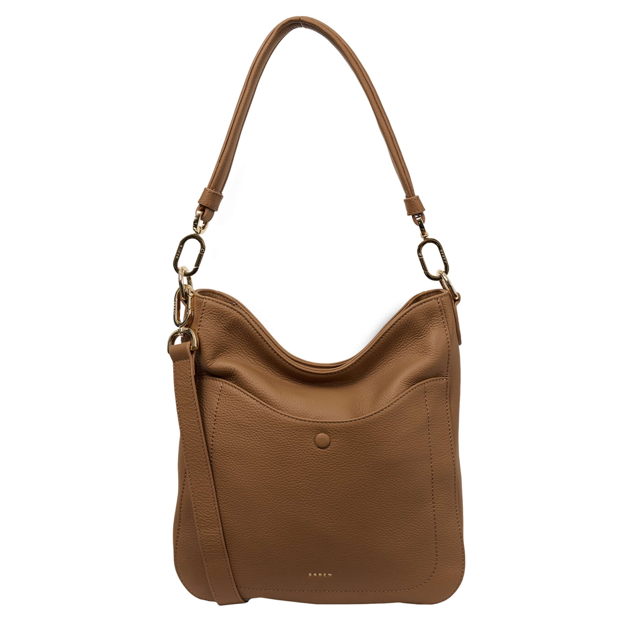 Alt Tag: Saben Rebe Shoulder Bag - Toffee hobo-style toffee pebbled leather shoulder bag with detachable strap and front pocket