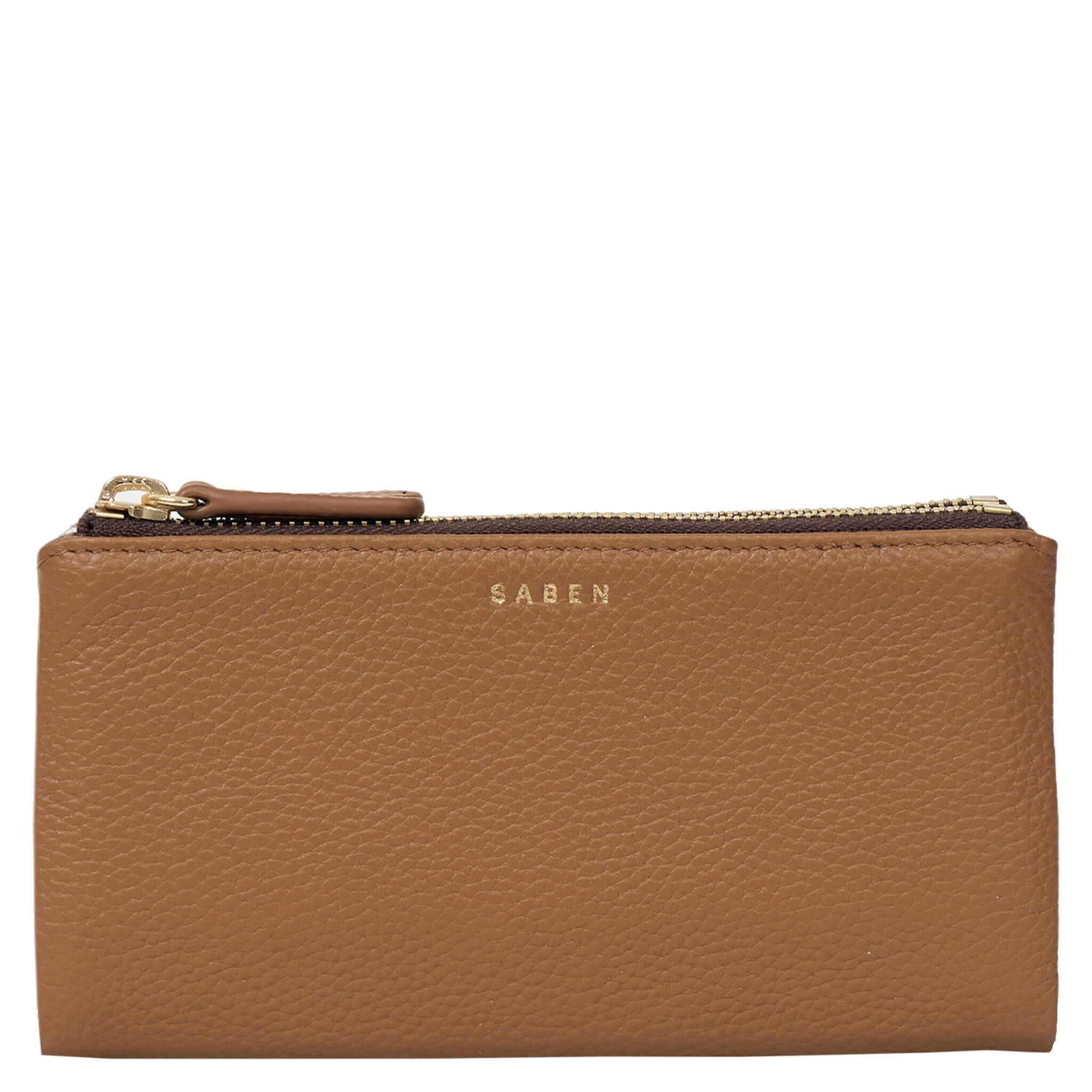 Alt Tag: Saben Sam Wallet - Toffee soft leather wallet with zip coin pouch, gold hardware and logo, eight card slots