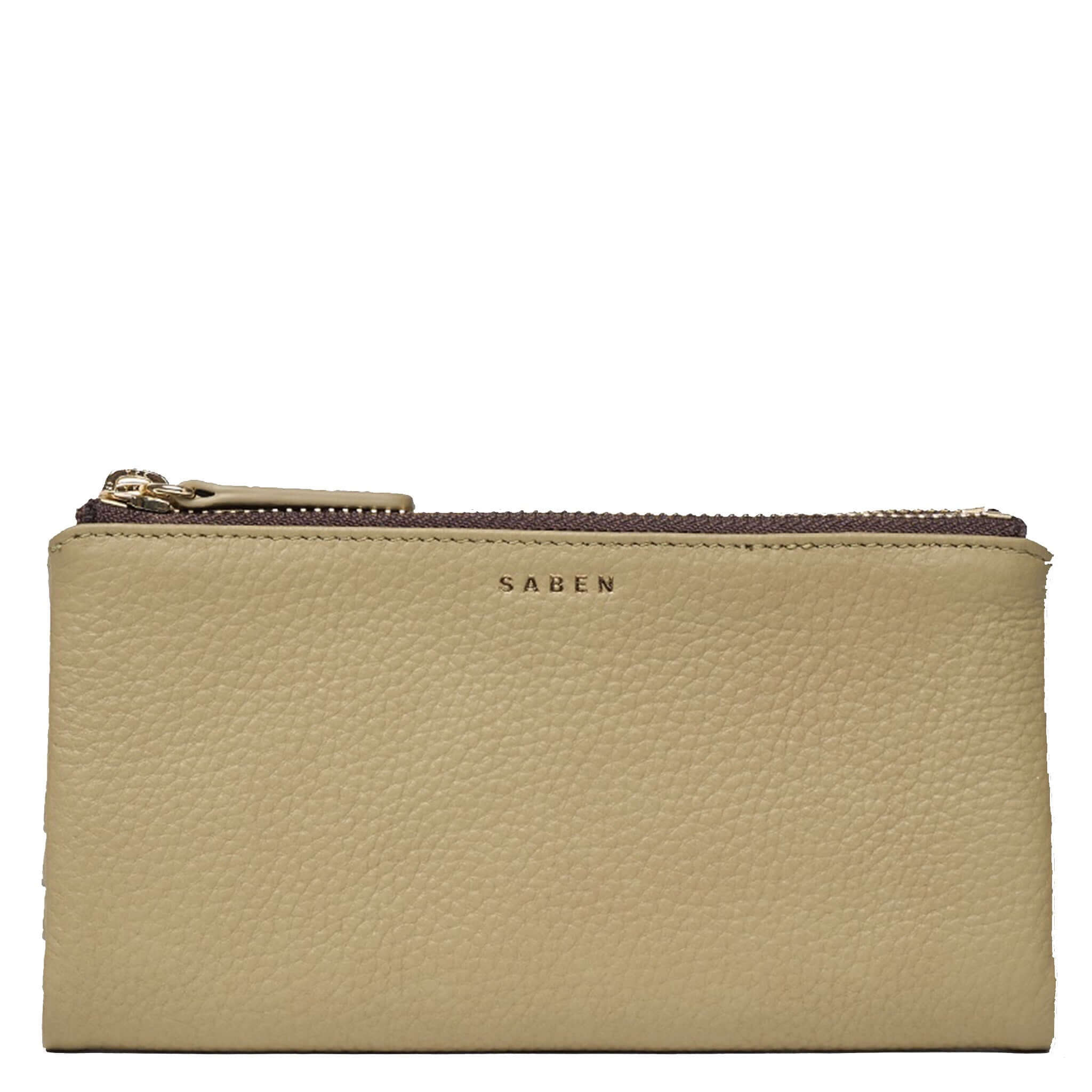 Saben Sam Wallet - Willow stylish leather wallet in light beige with zipper and logo.