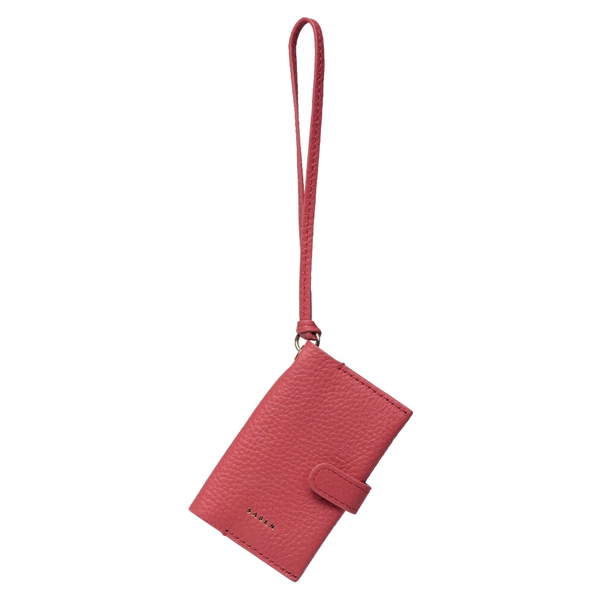 Saben Sid Card Holder - Azalea in soft pebble leather with wristlet strap and snap closure for organized essentials.