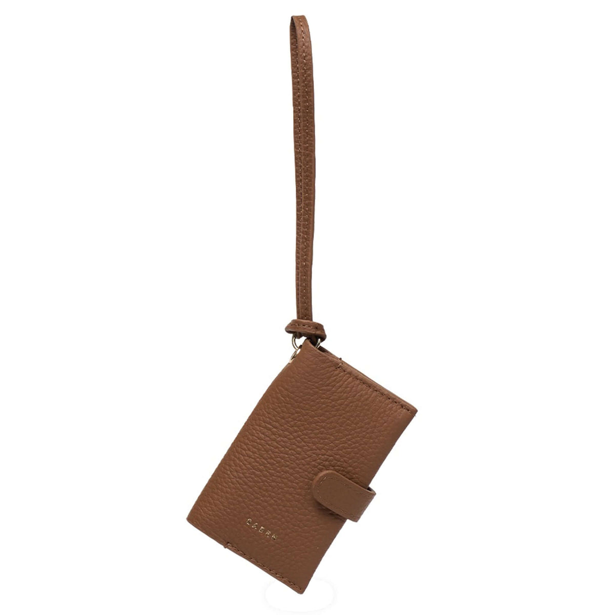 Saben Sid Card Holder - Tan in soft pebble leather, featuring a wristlet strap and secure snap closure for organization.