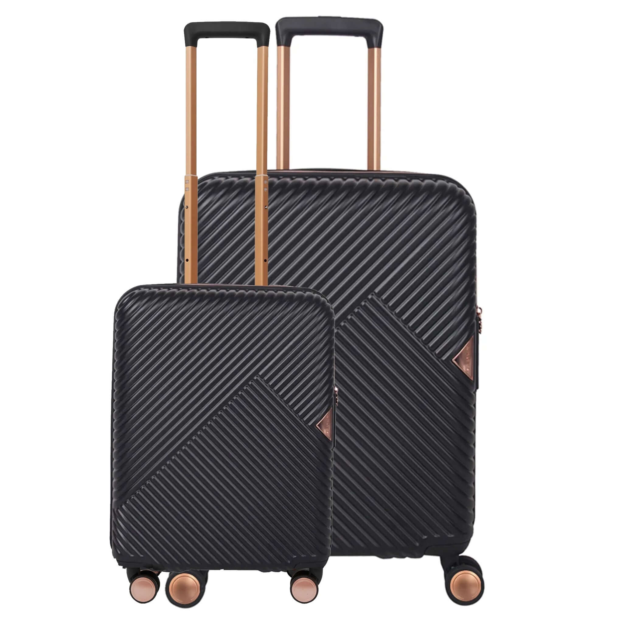A set of two black moulded polycarbonate suitcases with metallic rose gold detailing, featuring a retractable handle and dual spinner wheels.