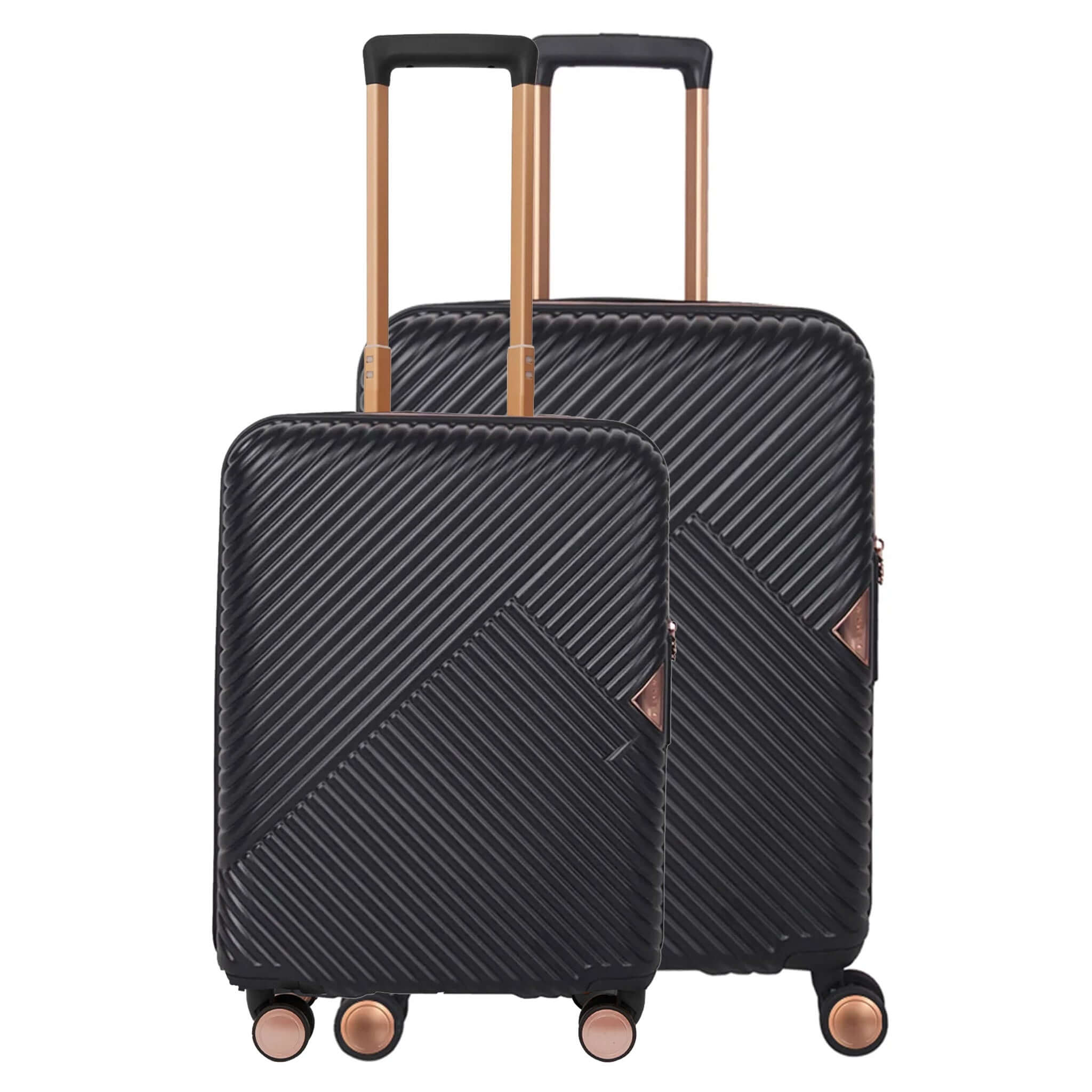 A set of two black moulded polycarbonate suitcases with metallic rose gold detailing, featuring a retractable handle and dual spinner wheels.