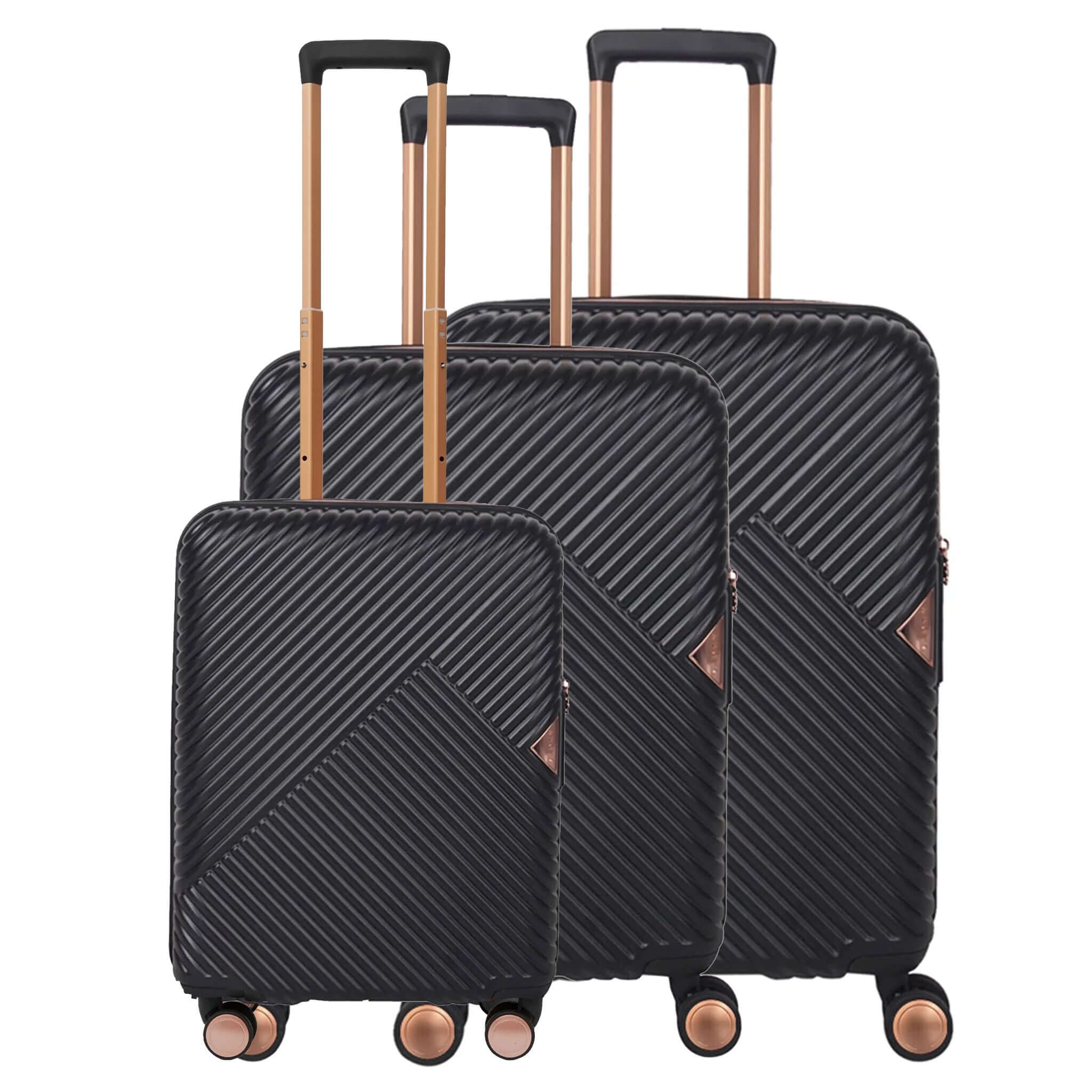 A set of three black suitcases with metallic rose gold detailing, including a cabin size, a medium size, and a large size, displayed with their handles up.