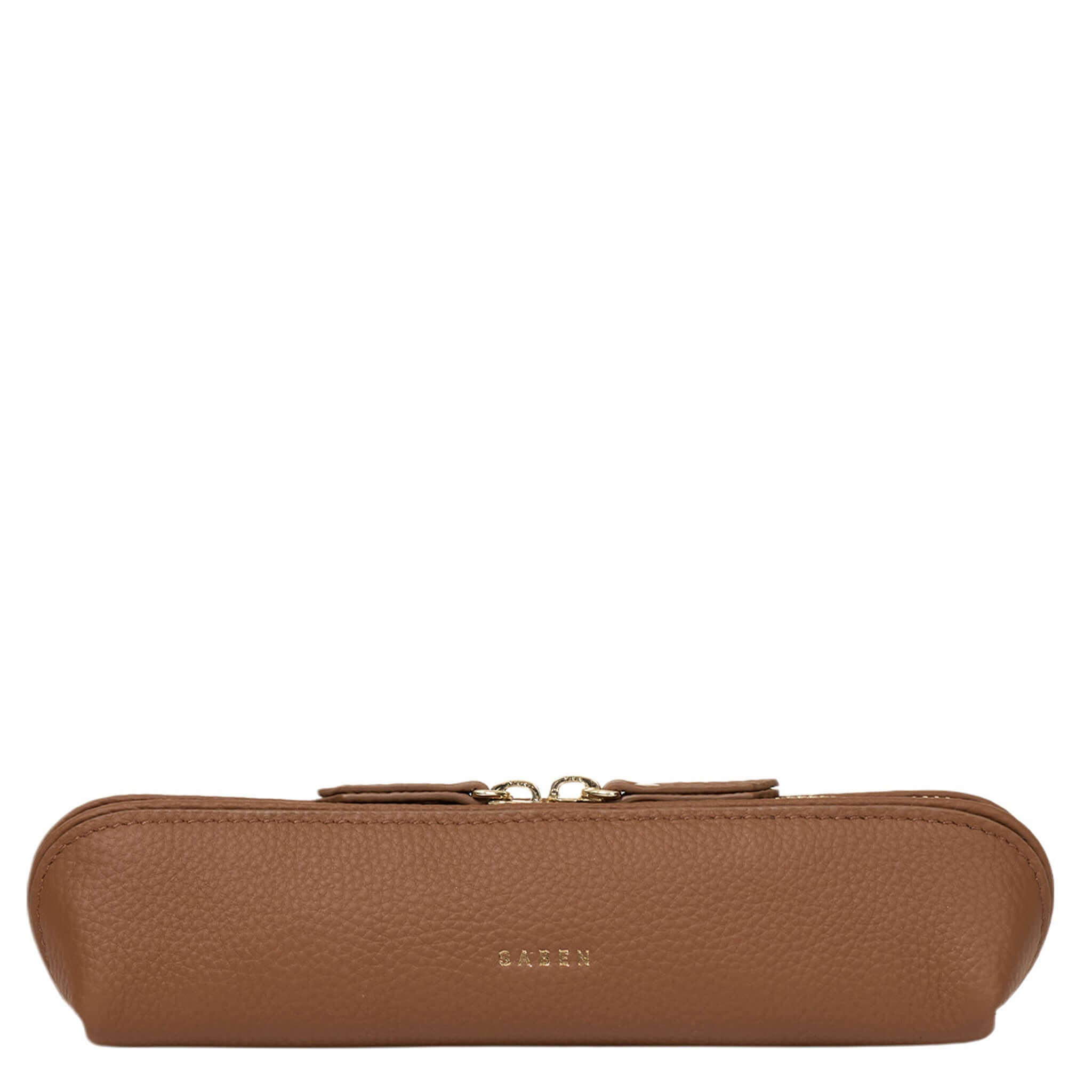 Brown leather case with gold zipper on a white background