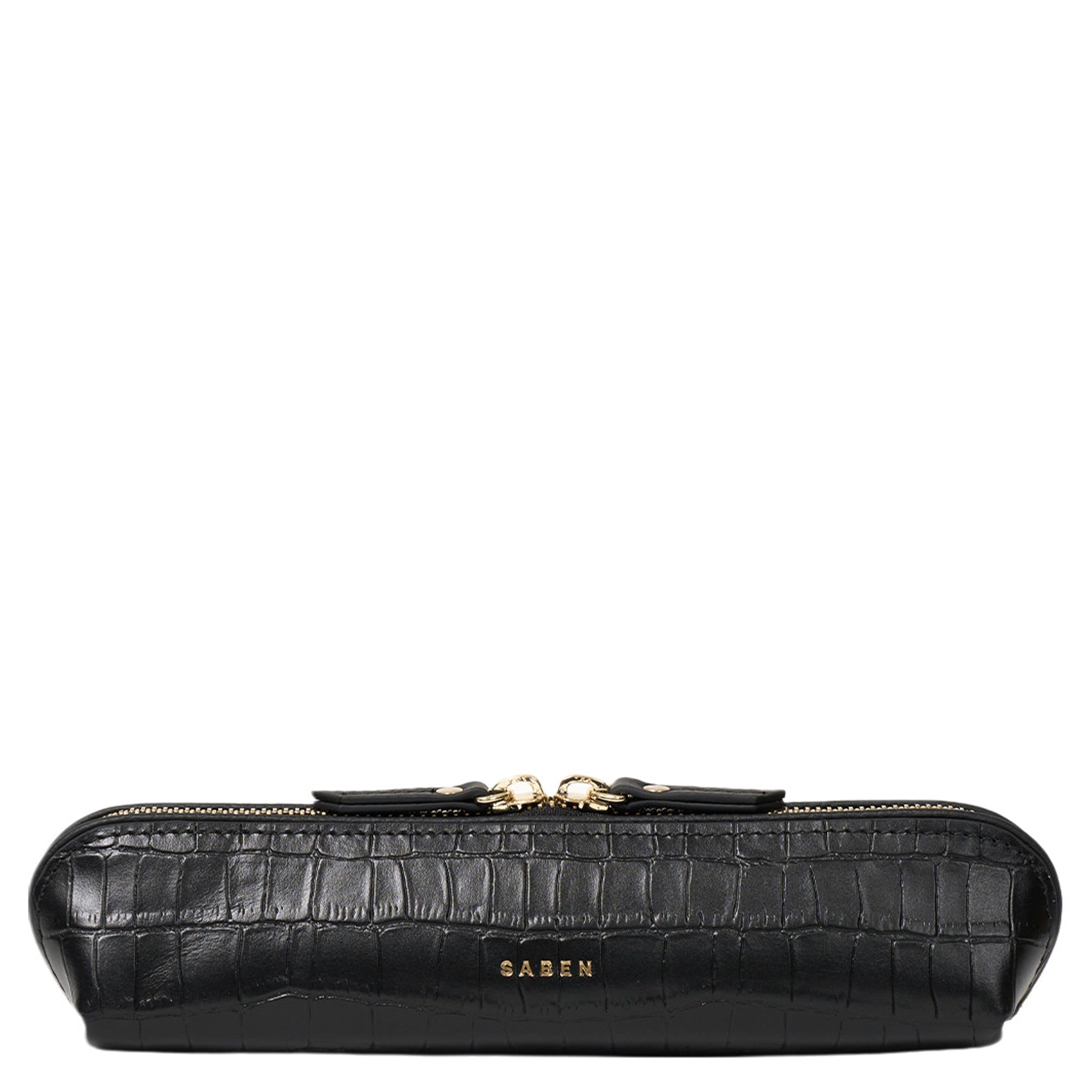 Black crocodile-patterned clutch bag with gold clasp on a white background